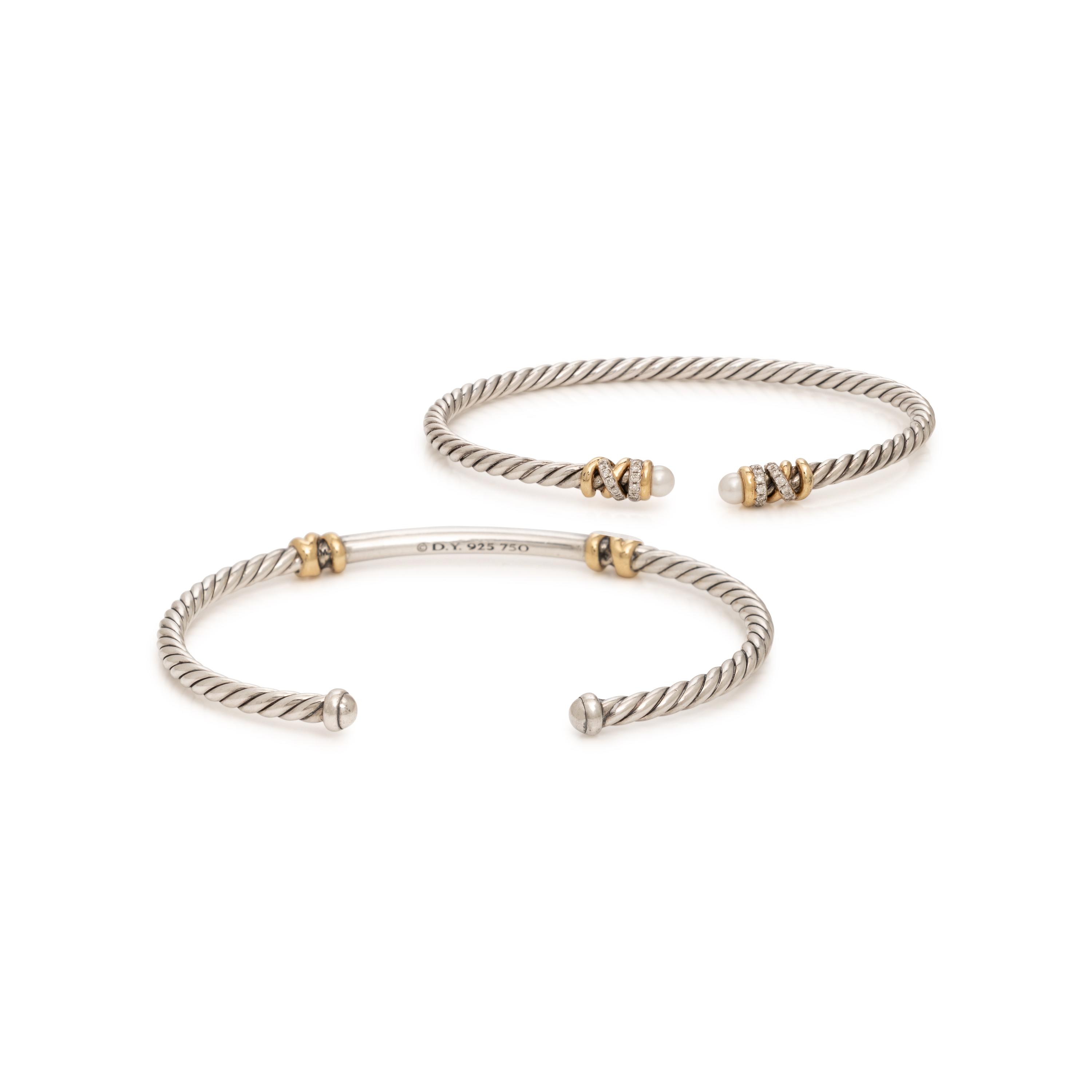 David Yurman, 'Petite Helena', Two Sterling Silver, Yellow Gold, and Diamond Cable Cuff Bracelets