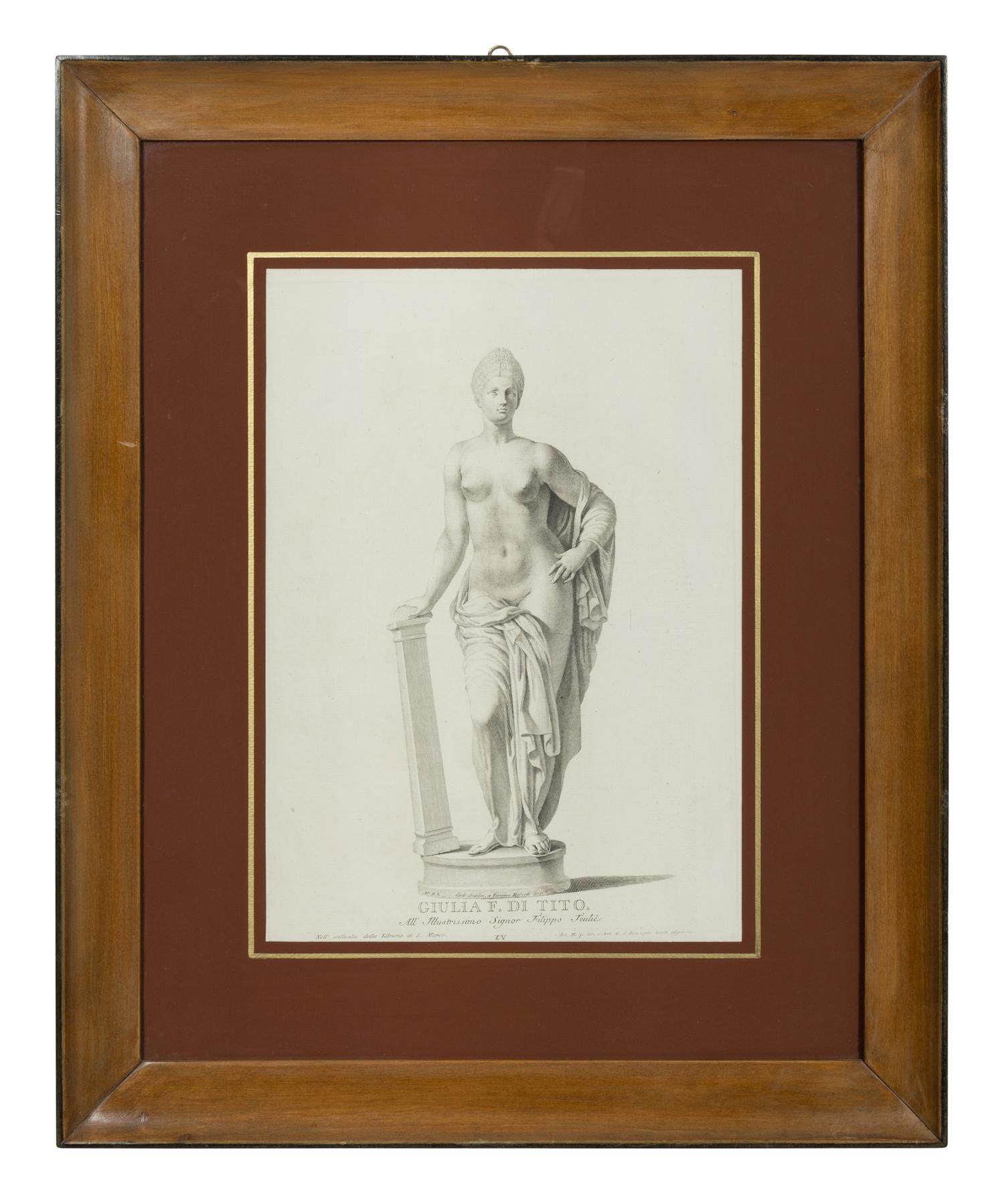 A Set of Four Prints of Antique Statues published by Antonio Maria Zanetti (1706-1778)]. From Delle Antiche Statue Greche e Romane che nell'Antisala della Libreria di San Marco, Venice,1740-1743 sight: 16 x 11 1/4 inches. framed: 25 3/4 x 21 inches.