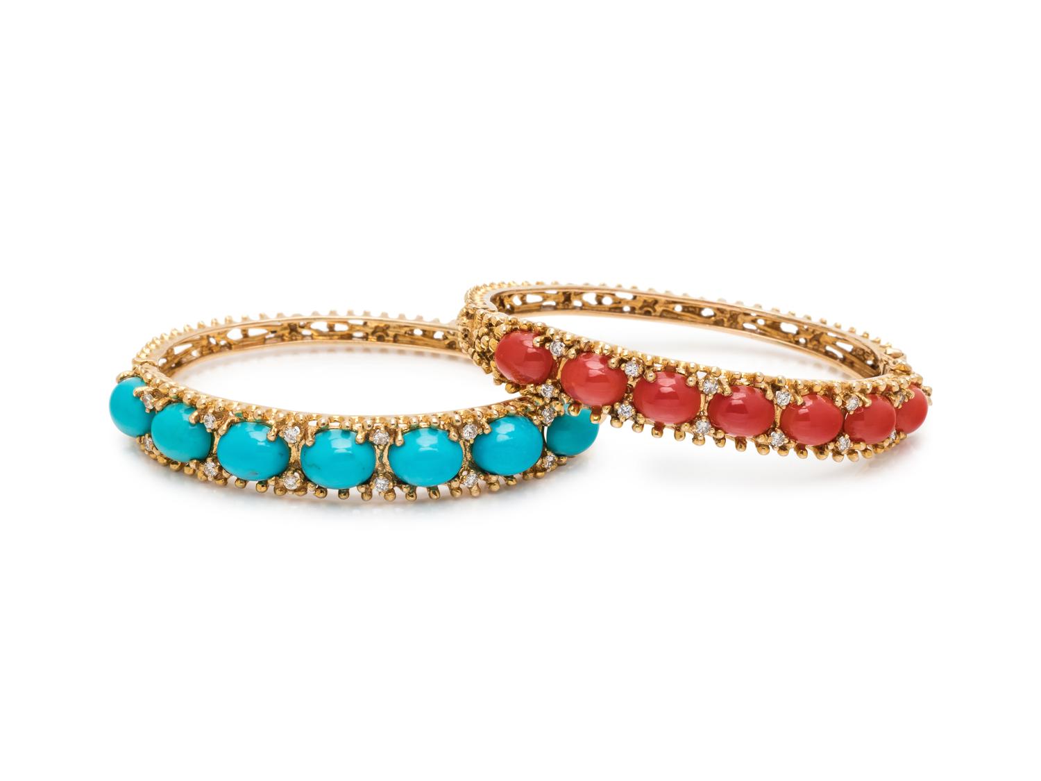 YELLOW GOLD, GEMSTONE AND DIAMOND BANGLE BRACELET SET