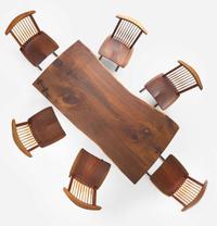 George Nakashima (American, 1905-1990) Fine Single-Board "Conoid" Dining Table and Set of Six Single-Board "Conoid" Dining Chairs, New Hope, Pennsylvania, 1988