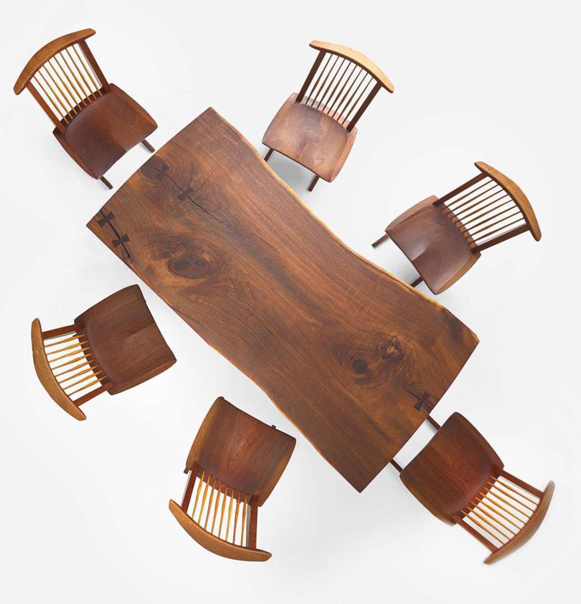 George Nakashima (American, 1905-1990) Fine Single-Board "Conoid" Dining Table and Set of Six Single-Board "Conoid" Dining Chairs, New Hope, Pennsylvania, 1988