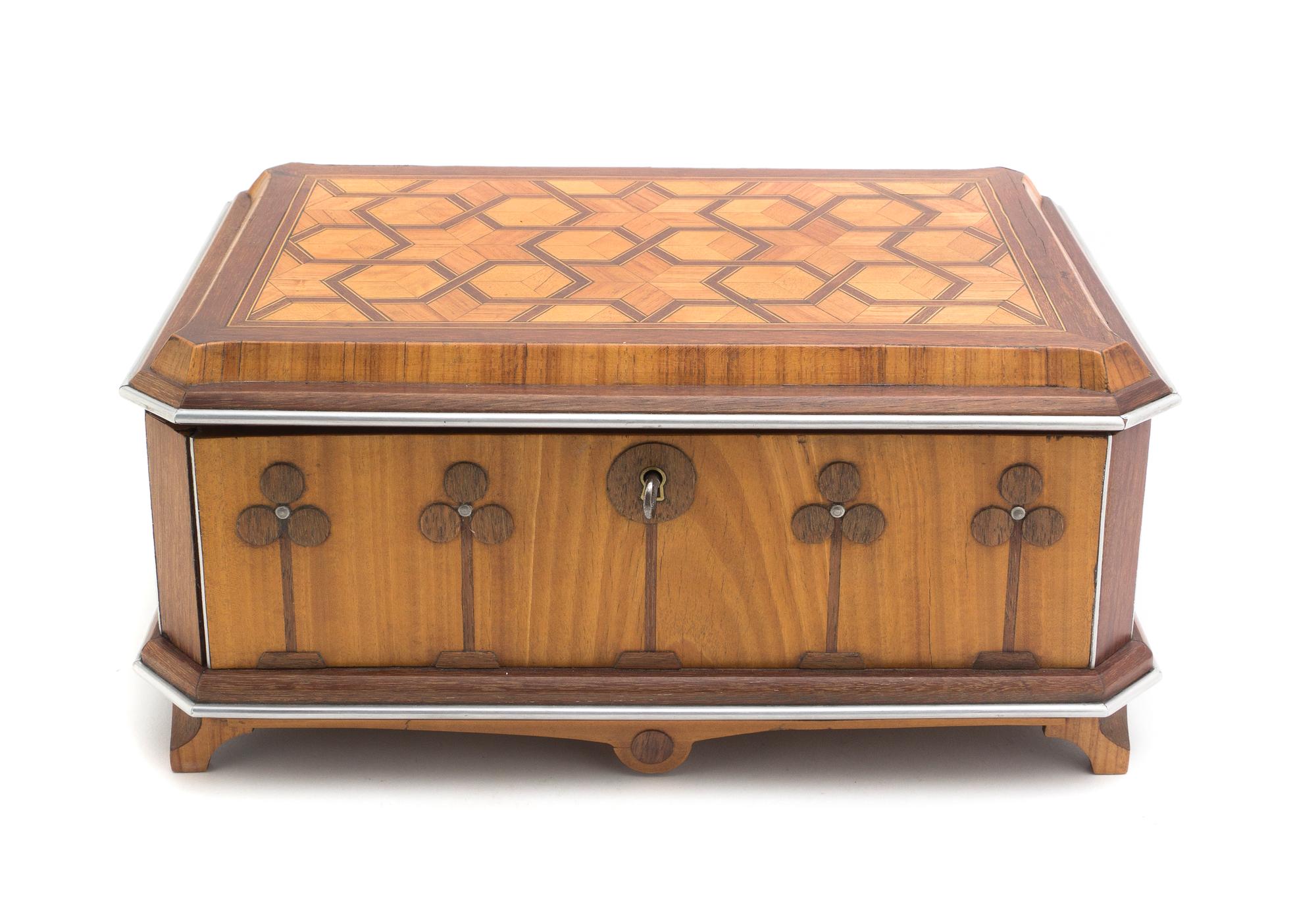 A Continental Parquetry Table Casket, Width 12 1/8 inches.