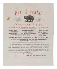 [ADVERTISING]. Fur Circular . Boston, MA: Hart, Taylor & Co., n.d. Illustrated broadside advertising wild animal fur robes, blankets, and coats.