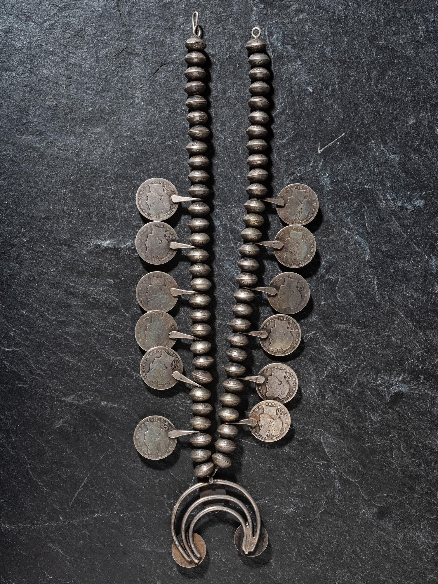 Navajo Coin and Turquoise Squash Blossom Necklace