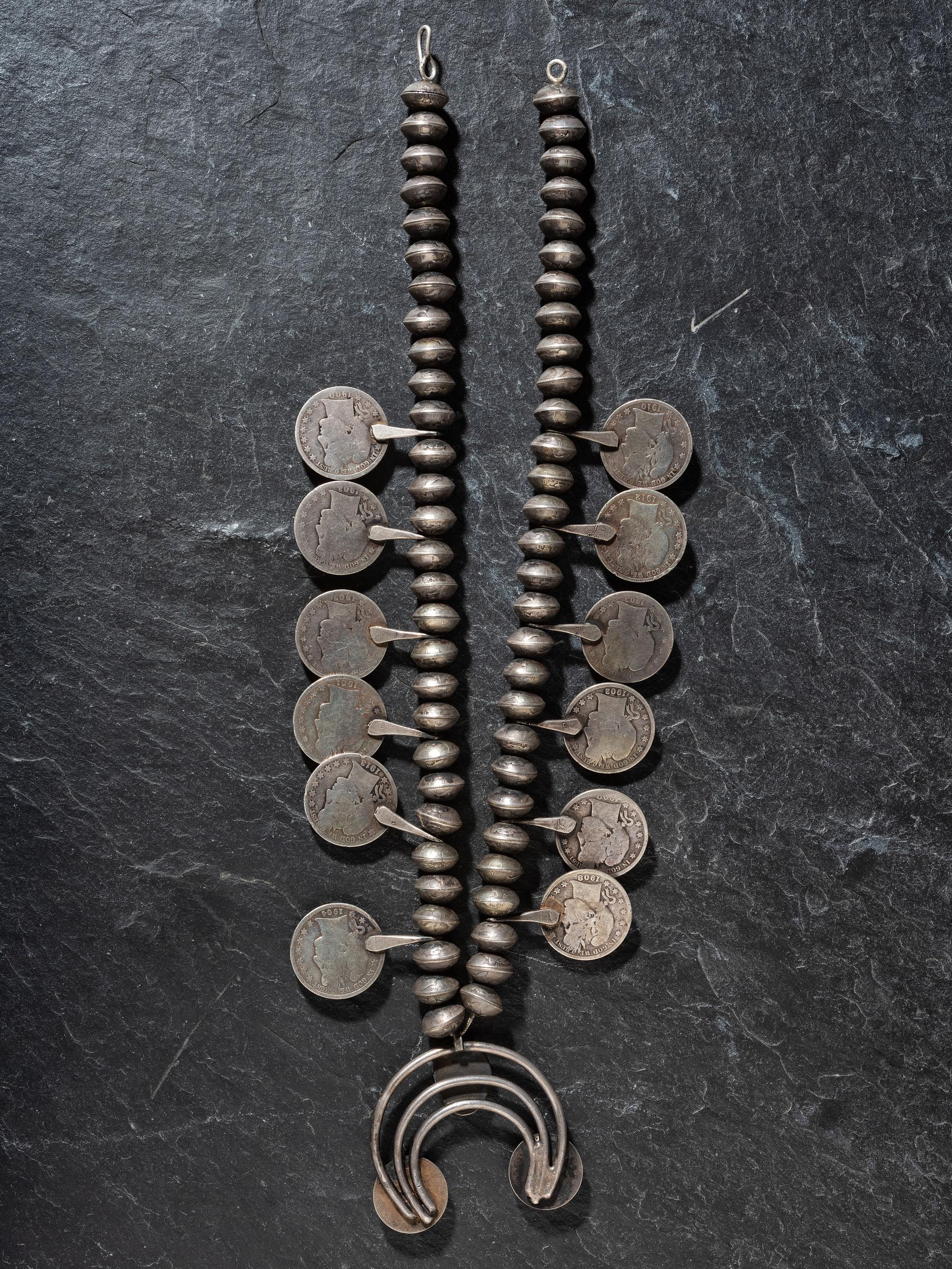 Navajo Coin and Turquoise Squash Blossom Necklace