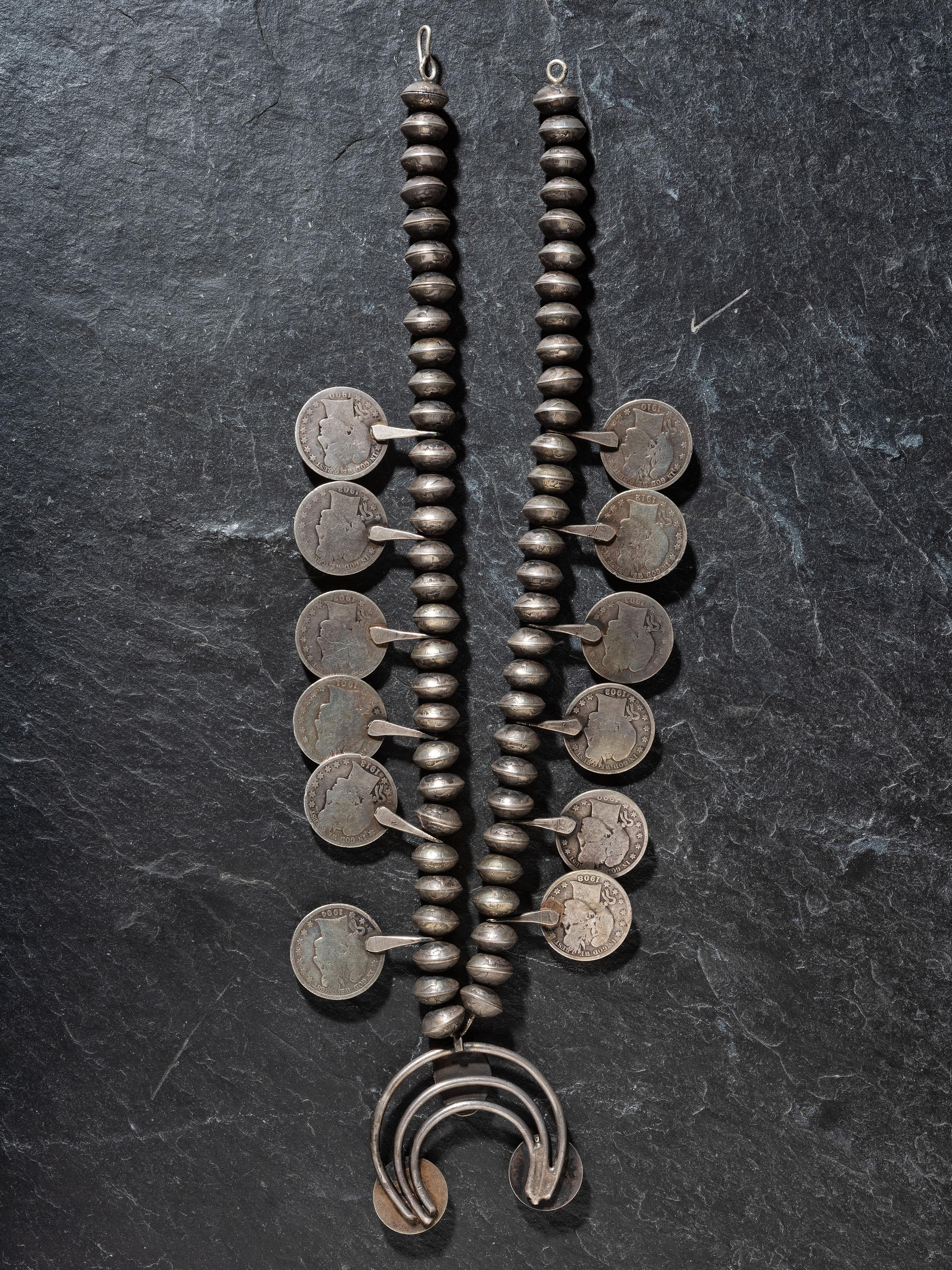 Navajo Coin and Turquoise Squash Blossom Necklace
