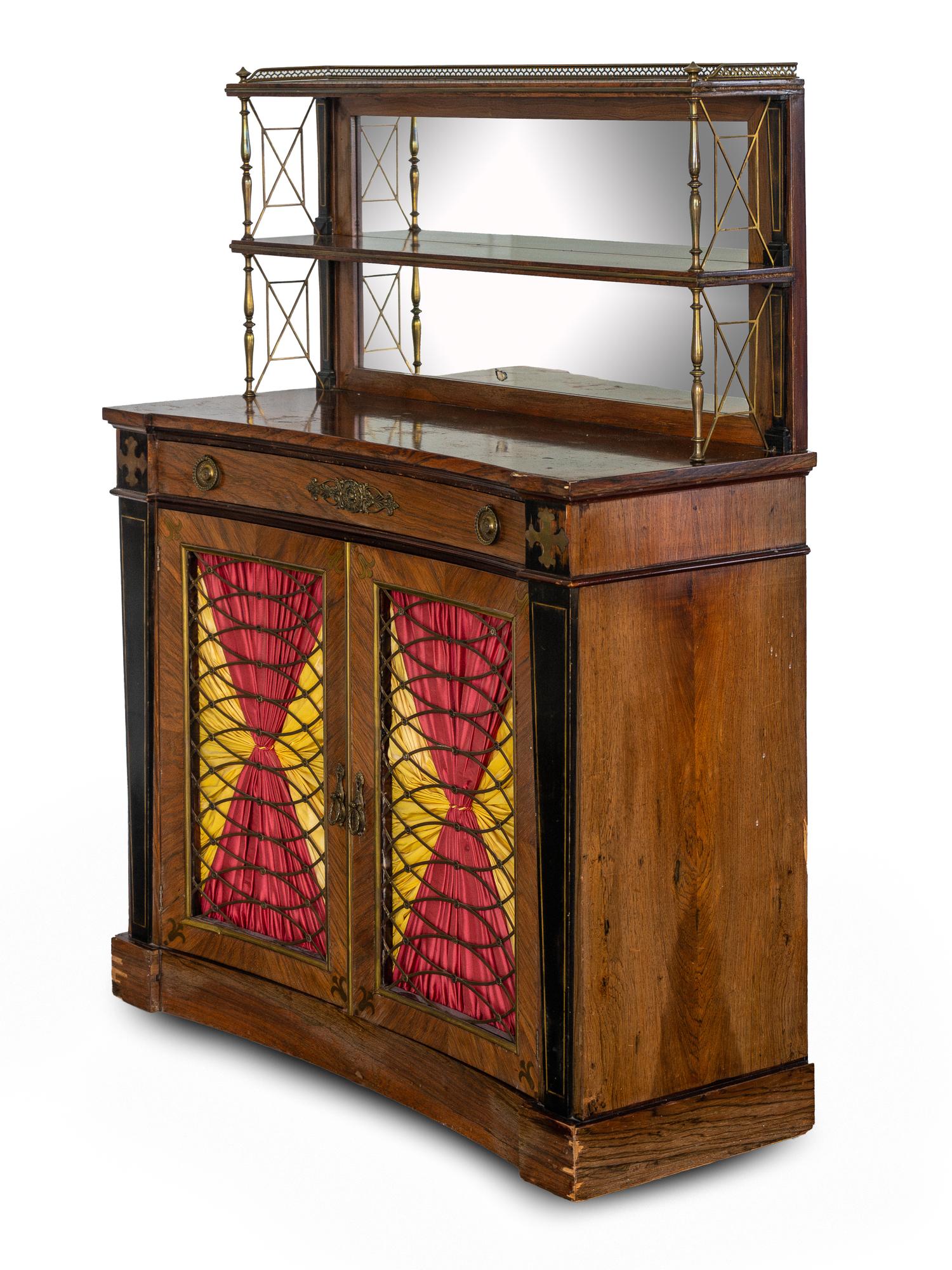 A Regency Style Parcel Ebonized Rosewood and Brass Inlaid Chiffonier