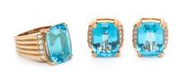 A 14 Karat Yellow Gold, Blue Topaz and Diamond Demi-Parure, 16.86 dwts.