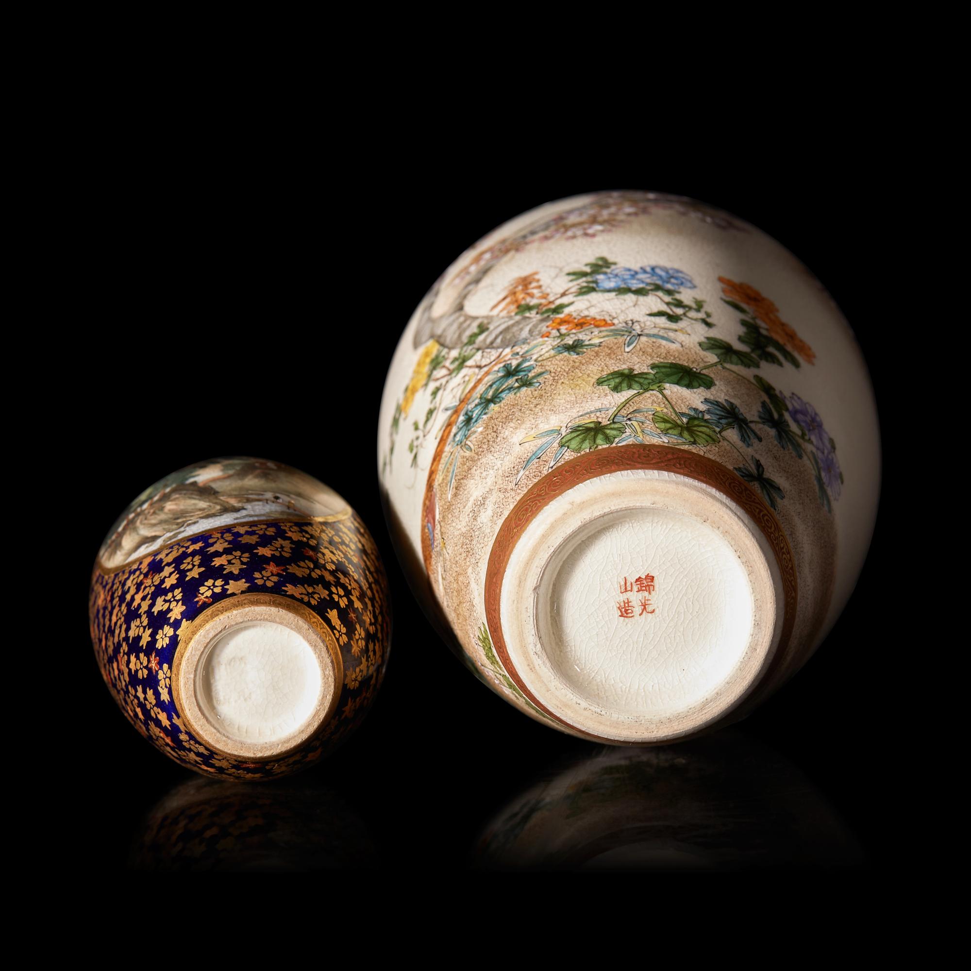 Two Japanese Enameled Satsuma-Type Cabinet Vases, Kinkozan Workshop, Meiji to Taisho period