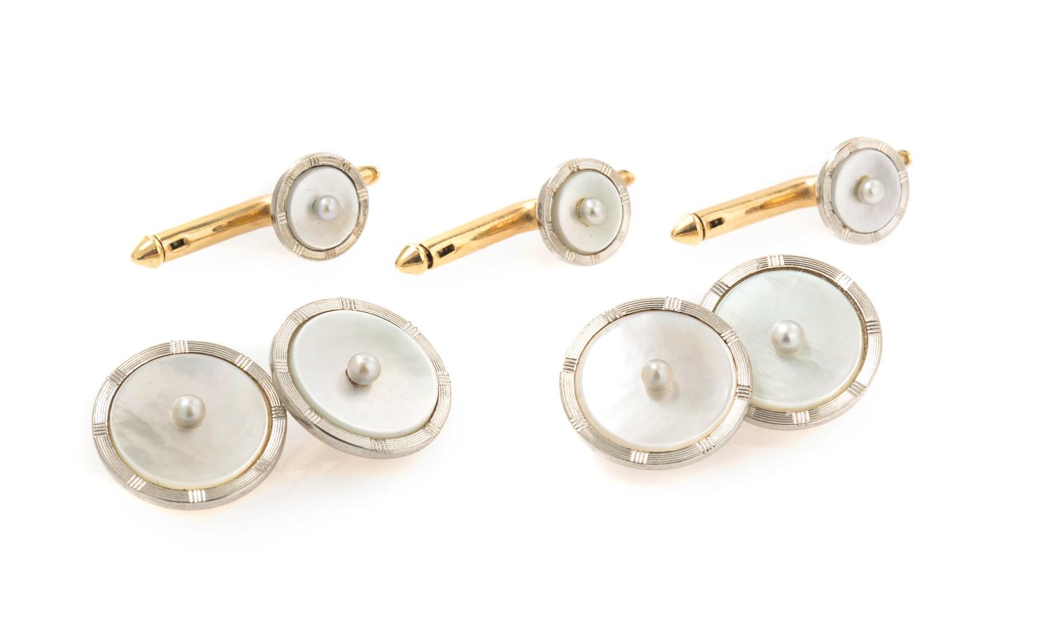 A 14 Karat Gold, Mother-of-Pearl and Seed Pearl Dress Set, 6.00 dwts.