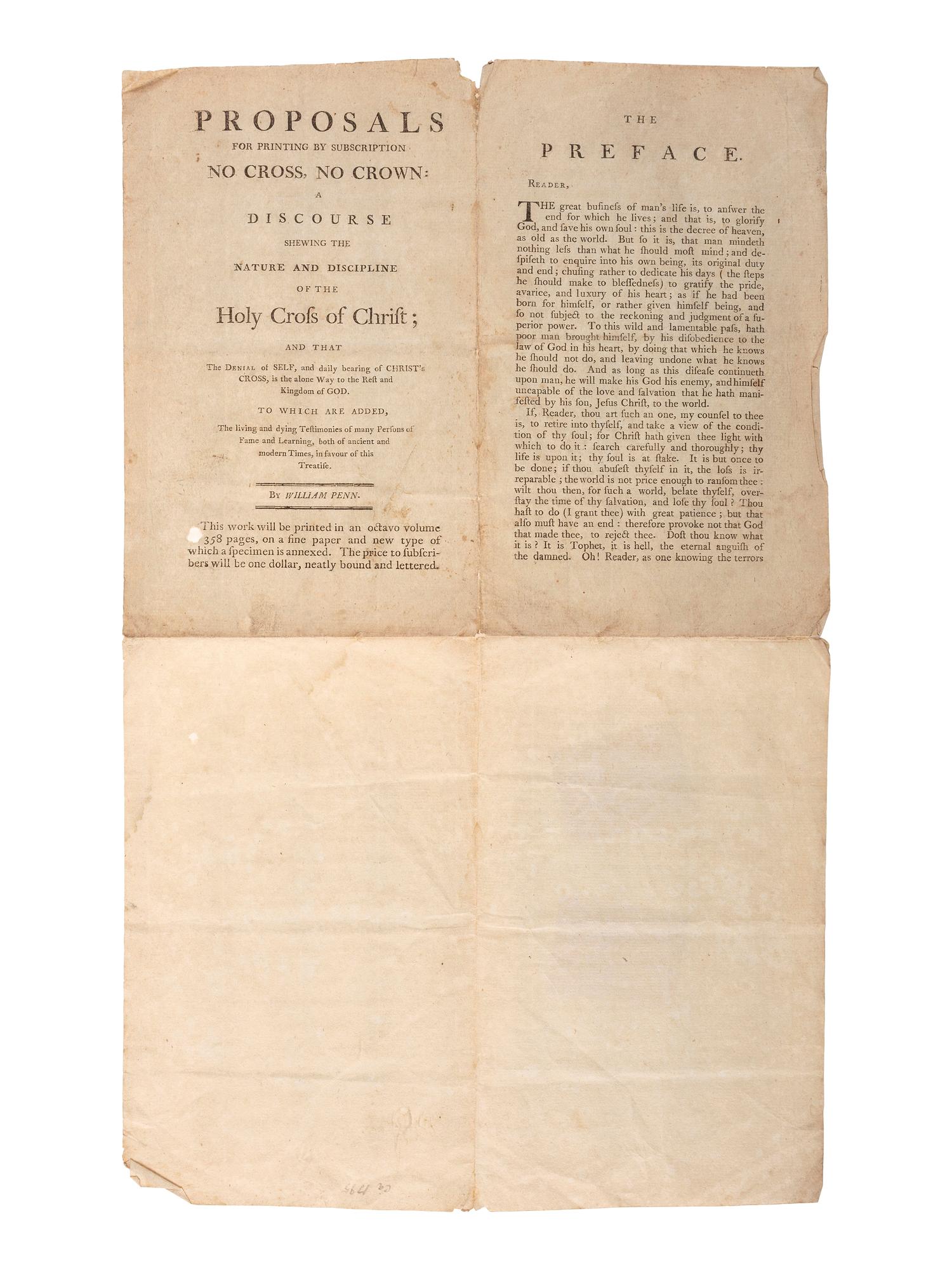 [QUAKERIANA] -- [PENN, William (1644-1718)]. A group of Quaker imprints including a rare proposal for printing of William Penn's No Cross, No Crown, by subscription.