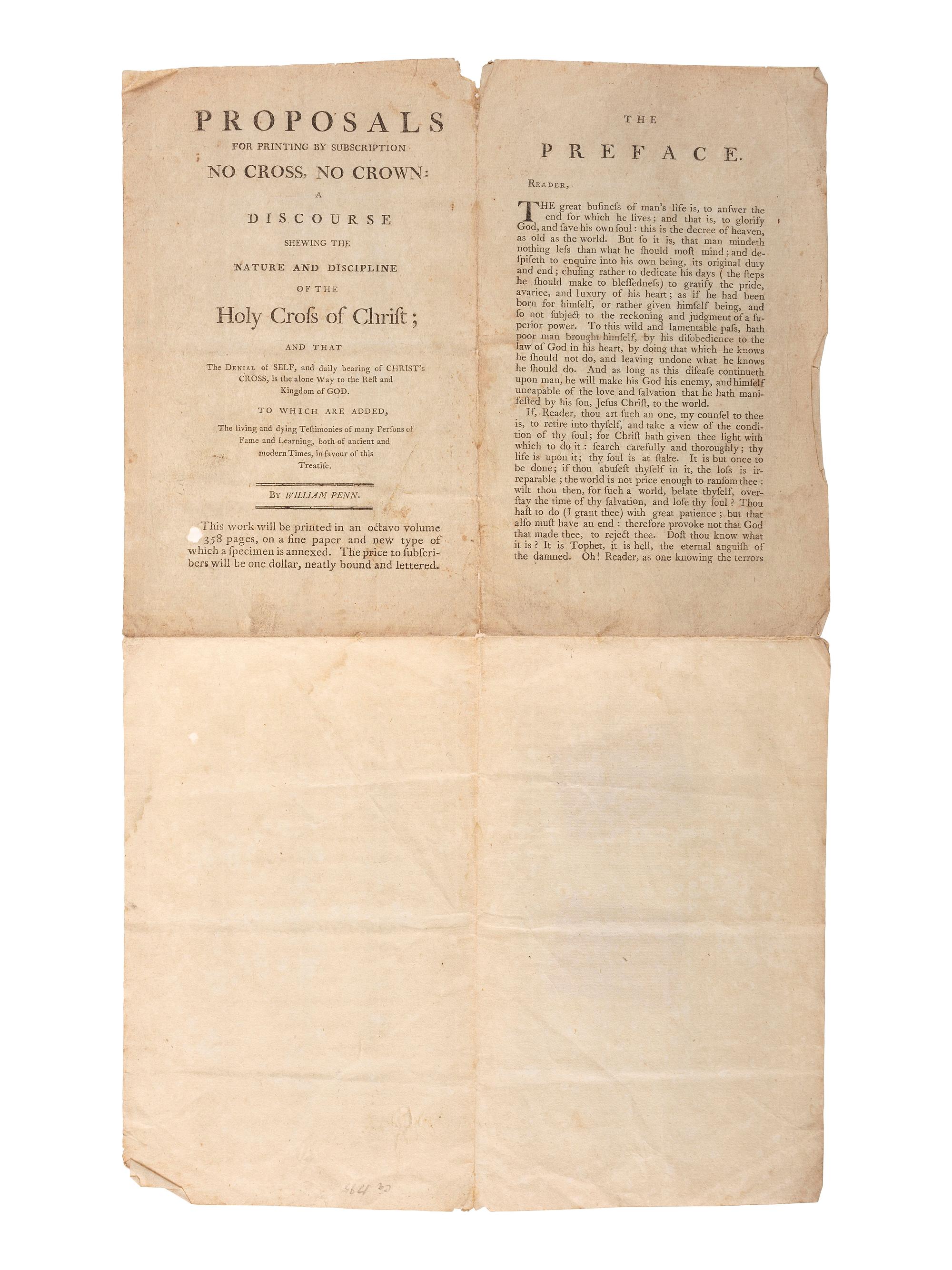 [QUAKERIANA] -- [PENN, William (1644-1718)]. A group of Quaker imprints including a rare proposal for printing of William Penn's No Cross, No Crown, by subscription.