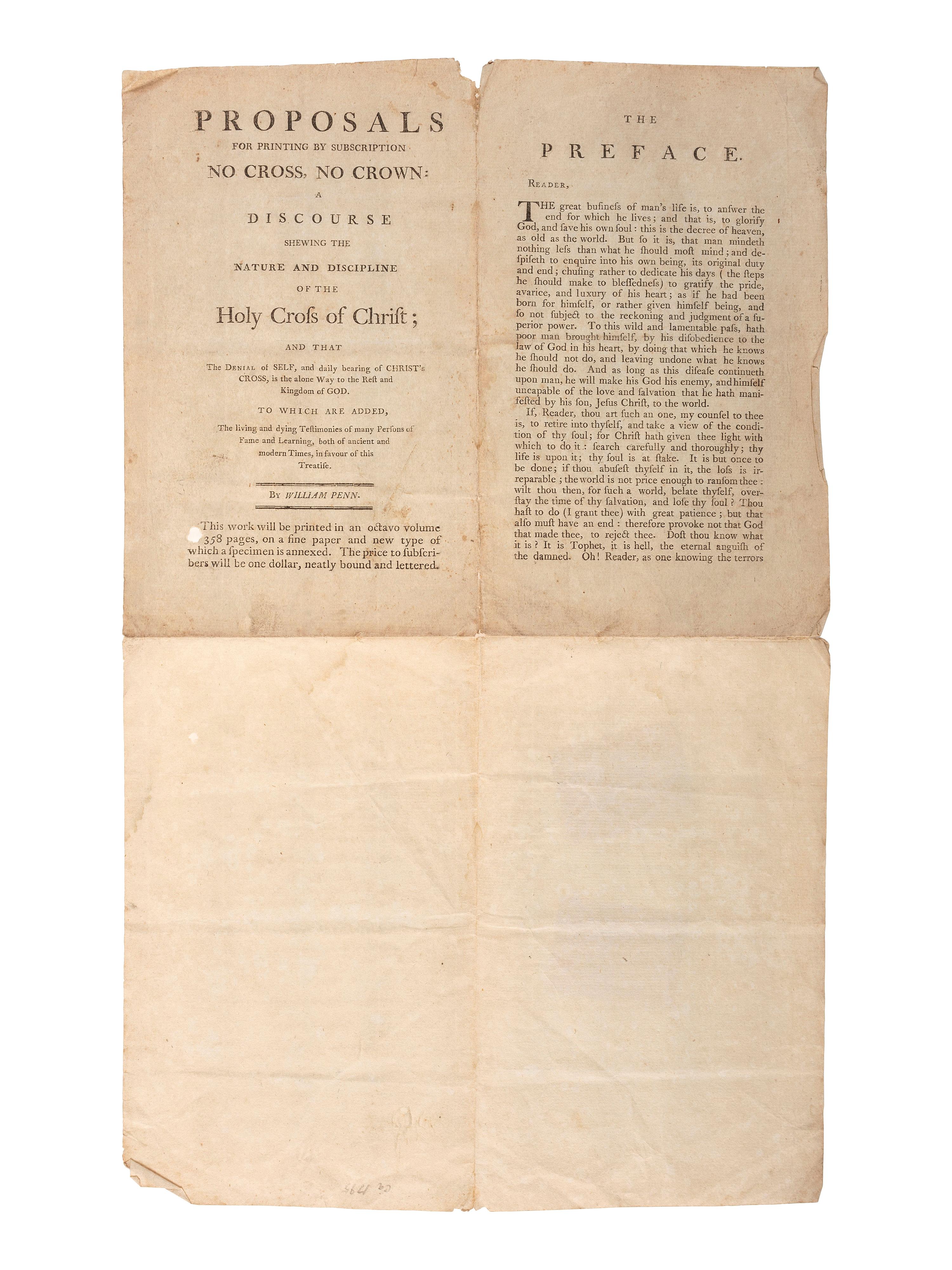 [QUAKERIANA] -- [PENN, William (1644-1718)]. A group of Quaker imprints including a rare proposal for printing of William Penn's No Cross, No Crown, by subscription.