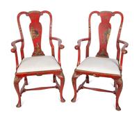 A Pair of Queen Anne Style Red Lacquer and Parcel Gilt Armchairs — 20TH CENTURY
