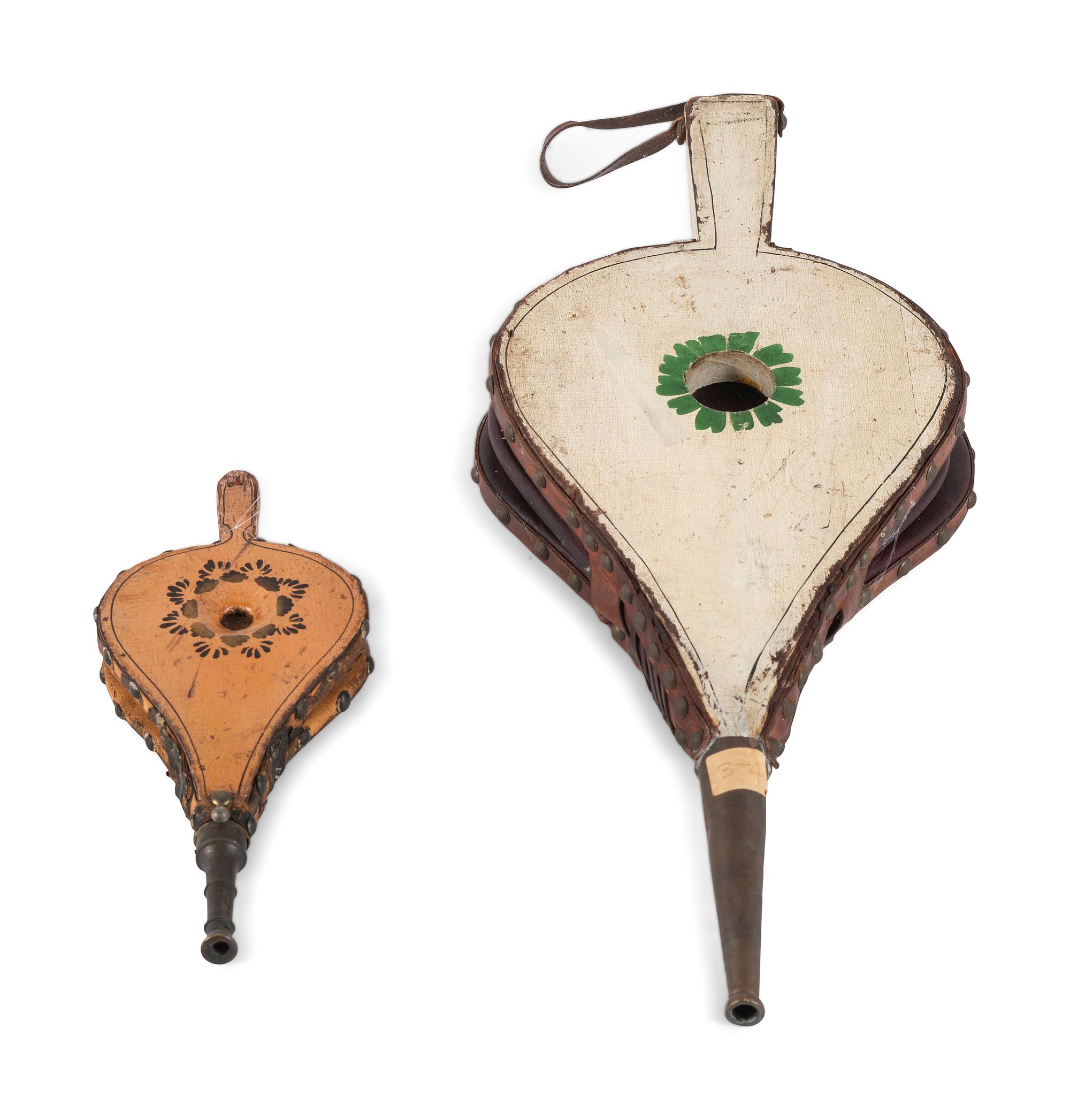 Two Carved and Painted Decorated Wood and Leather Bellows