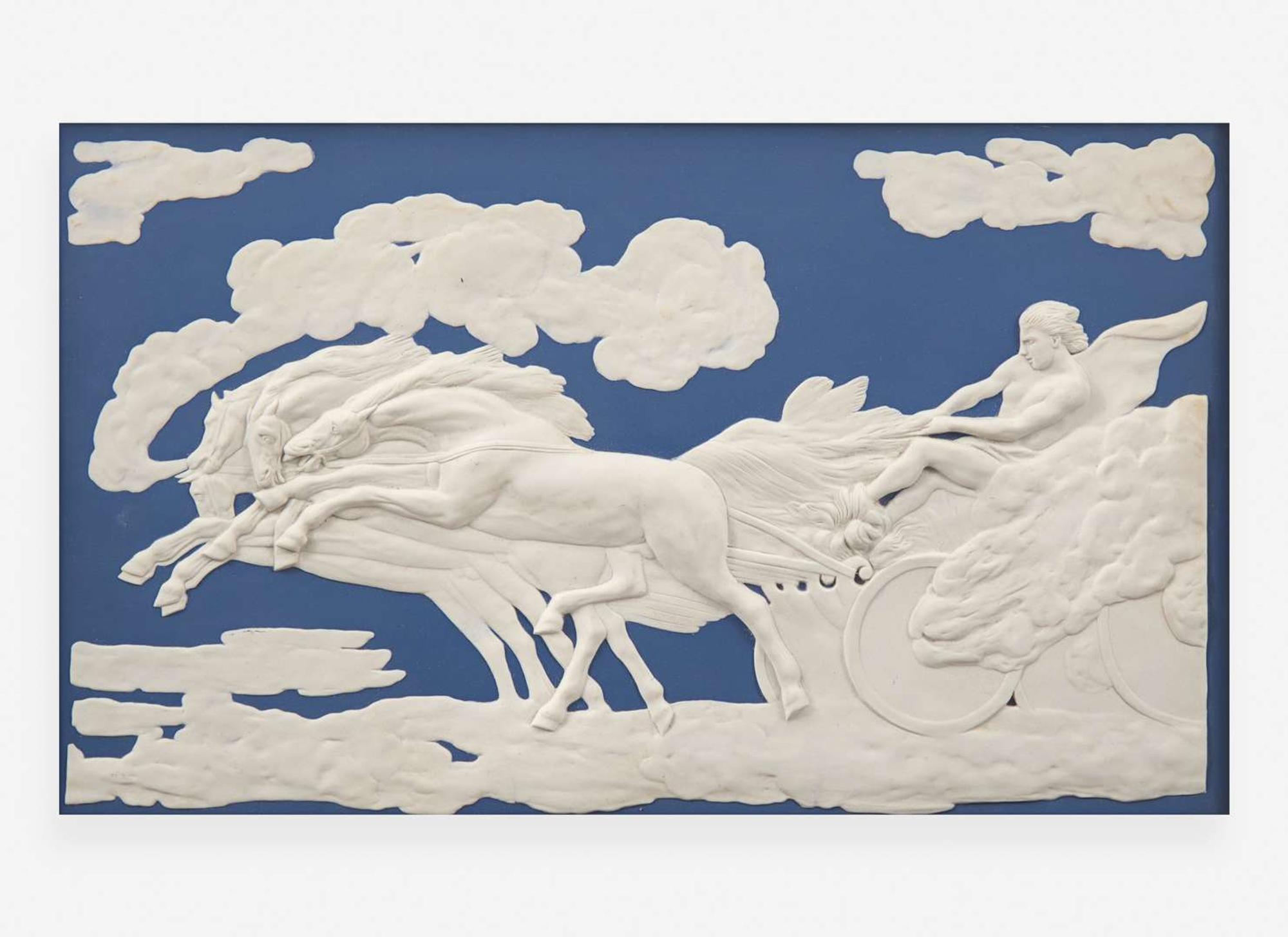 A large Wedgwood blue and white jasperware plaque depicting Apollo as Charioteer, England, 20th century
