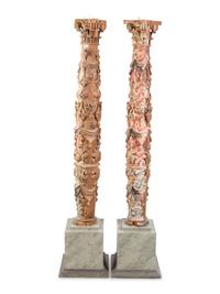 A Pair of Spanish Painted and Parcel Gilt Solomonic Columns