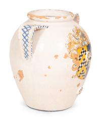 An Italian Glazed Terracotta Olive Jar with Painted Armorial