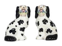 A Pair of Staffordshire Pottery Disraeli Spaniels with Floral Baskets