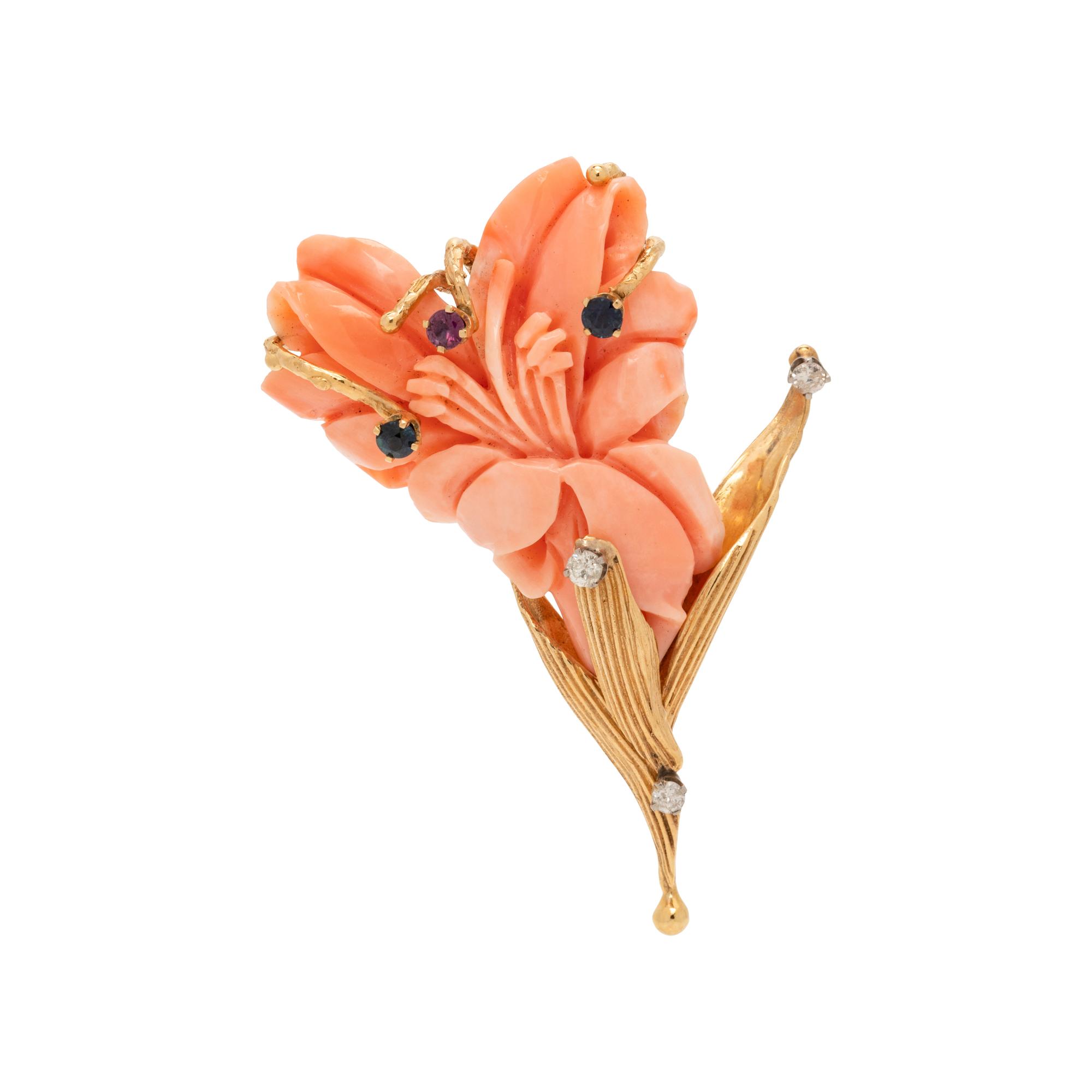 CORAL, SAPPHIRE, RUBY AND DIAMOND FLOWER BROOCH