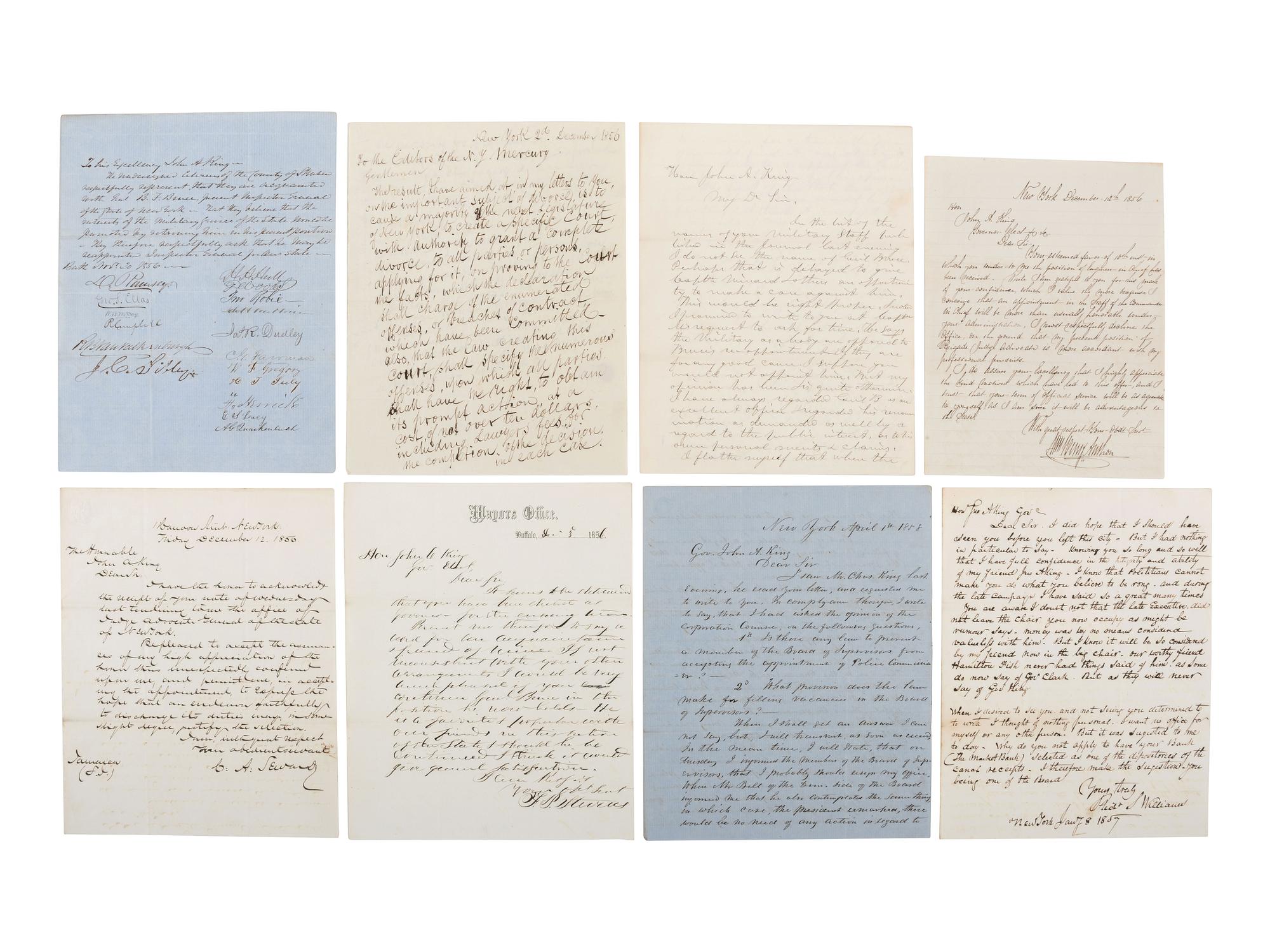 [CIVIL WAR] -- [ARIZONA TERRITORY]. KING, Governor John A. (1788-1867). Papers of New York Governor John A. King, including correspondence related to New York politics, Kansas, the Civil War, and the newly established Arizona Territory.