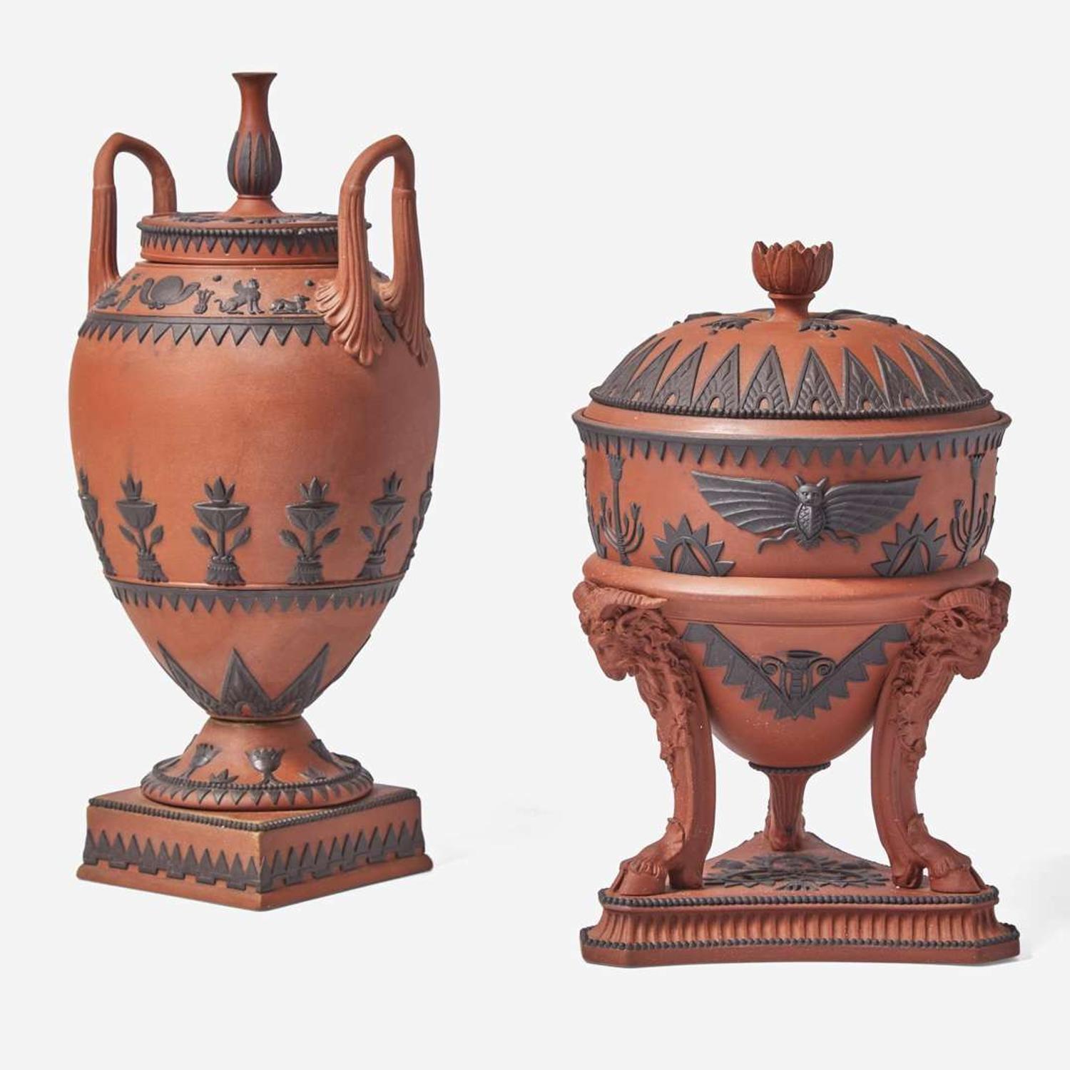 Two Wedgwood Rosso Antico Egyptian Revival Vases with Covers UK, 19th century