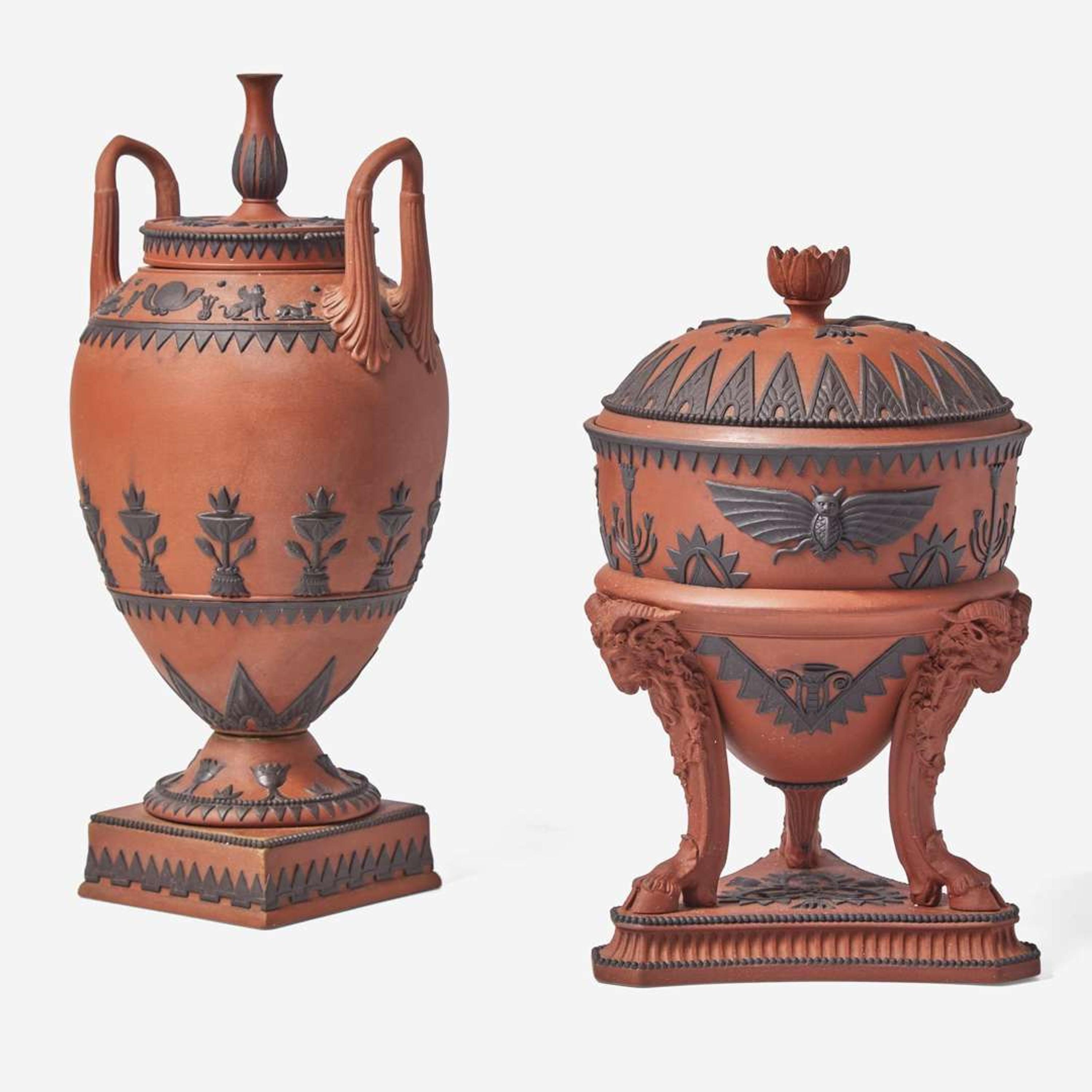 Two Wedgwood Rosso Antico Egyptian Revival Vases with Covers UK, 19th century