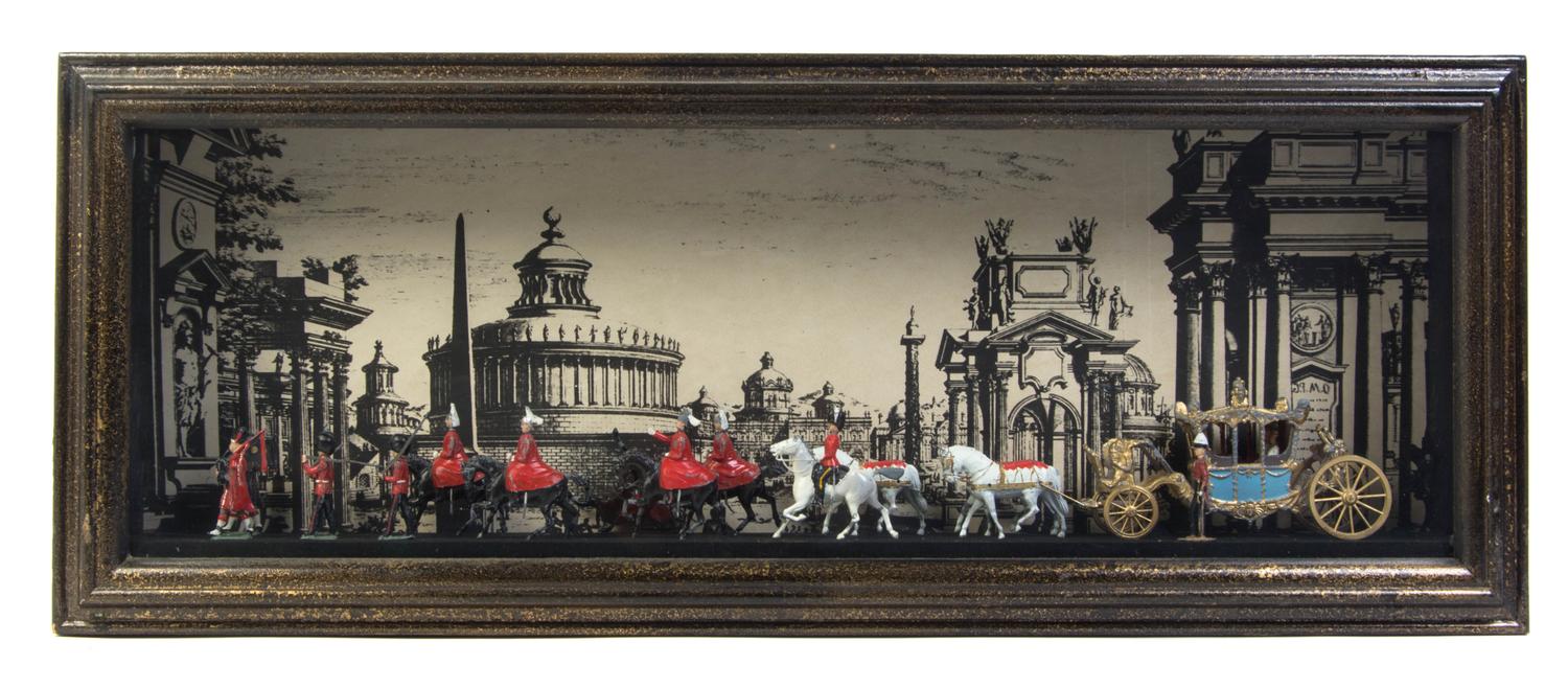 Three Shadow Box Dioramas, Height 13 x width 33 x depth 5 inches.