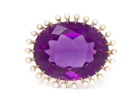 An Edwardian 14 Karat Yellow Gold, Amethyst and Seed Pearl Brooch, 5.40 dwts.