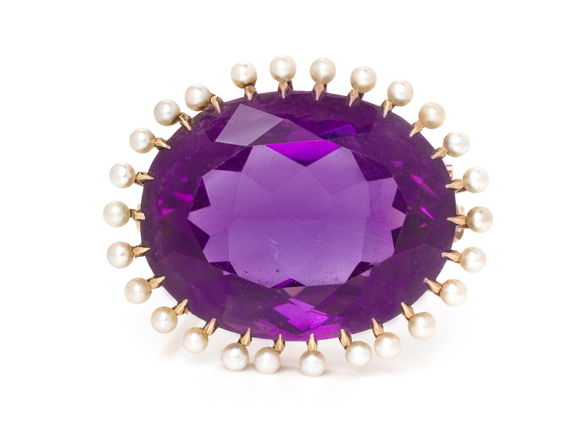 An Edwardian 14 Karat Yellow Gold, Amethyst and Seed Pearl Brooch, 5.40 dwts.