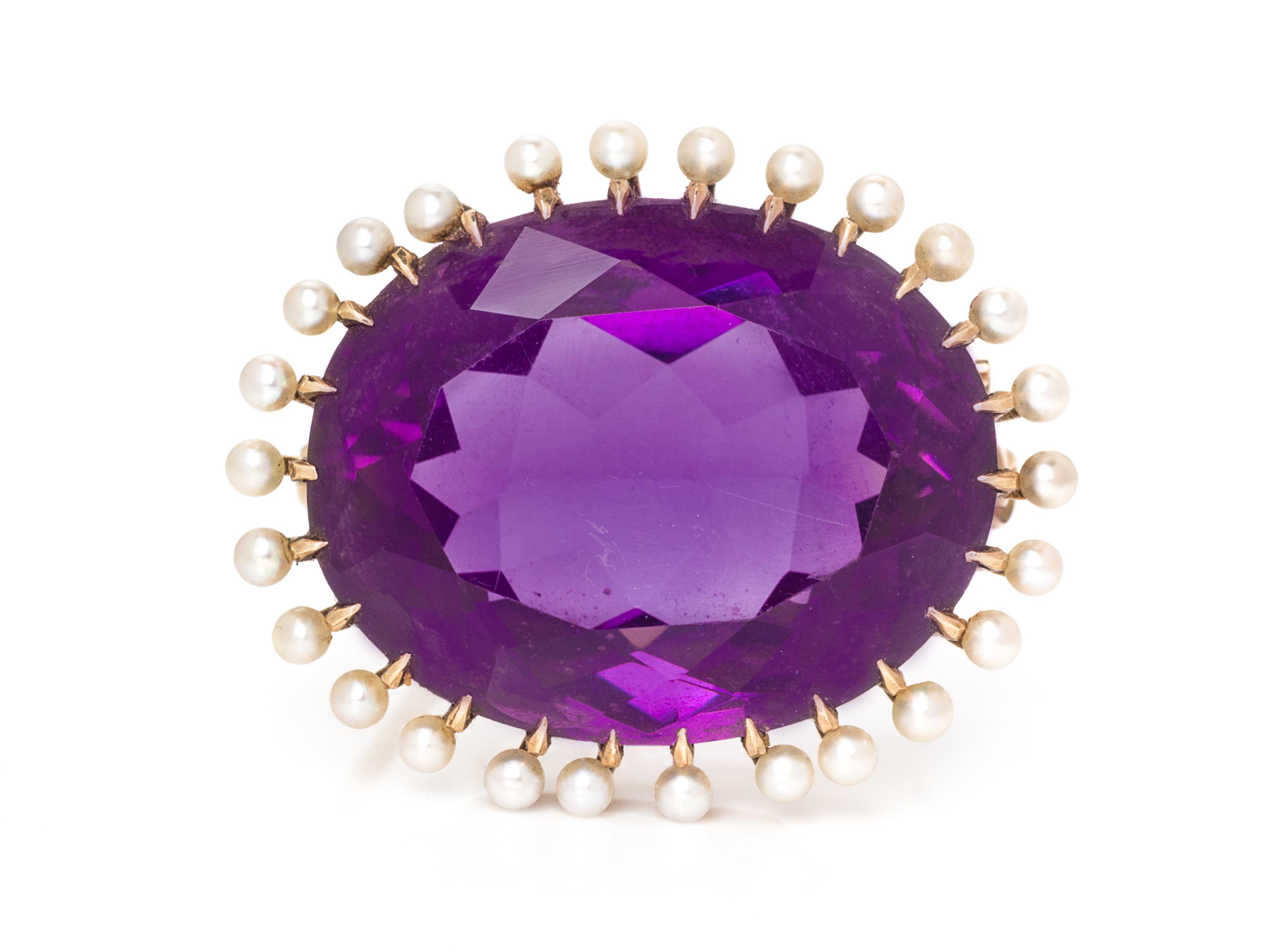 An Edwardian 14 Karat Yellow Gold, Amethyst and Seed Pearl Brooch, 5.40 dwts.