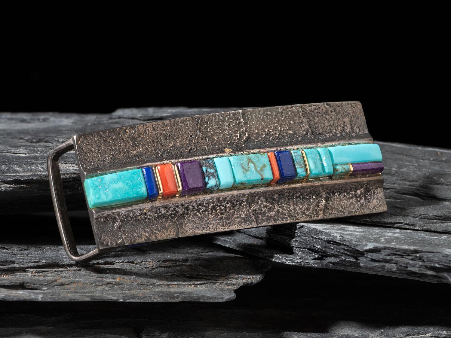Tufa Cast Silver and Cobbelstone Inlay Belt Buckle, with Gold Accents