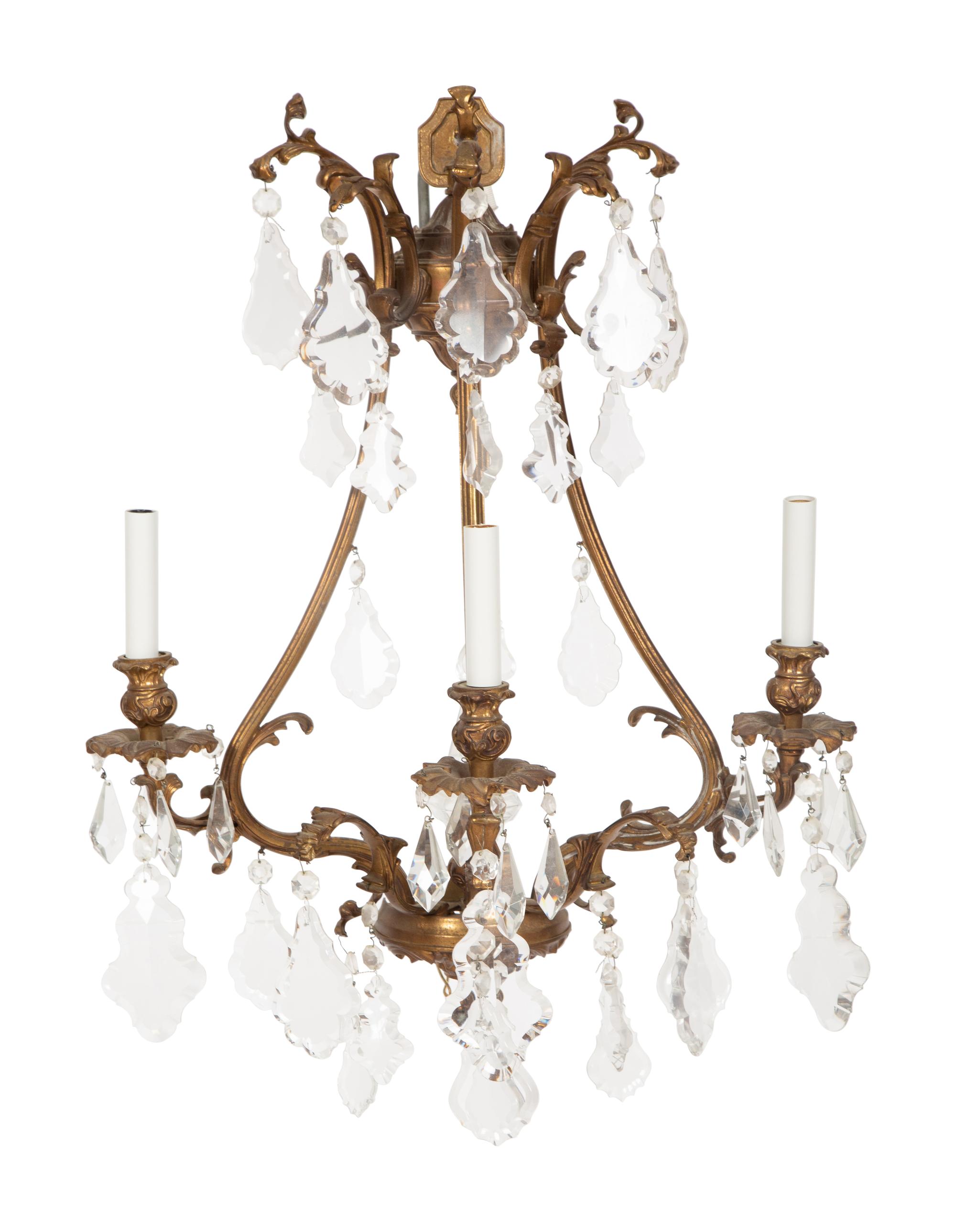 A Set of Six Louis XV Style Three- Light Gilt Bronze and Cut Glass Sconces — Late 19th/Early 20th Century