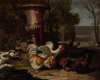 Attributed to David de Coninck (Flemish, 1644-1701) — Fighting Fowl in a Baroque Garden with a Macaw and a Hound