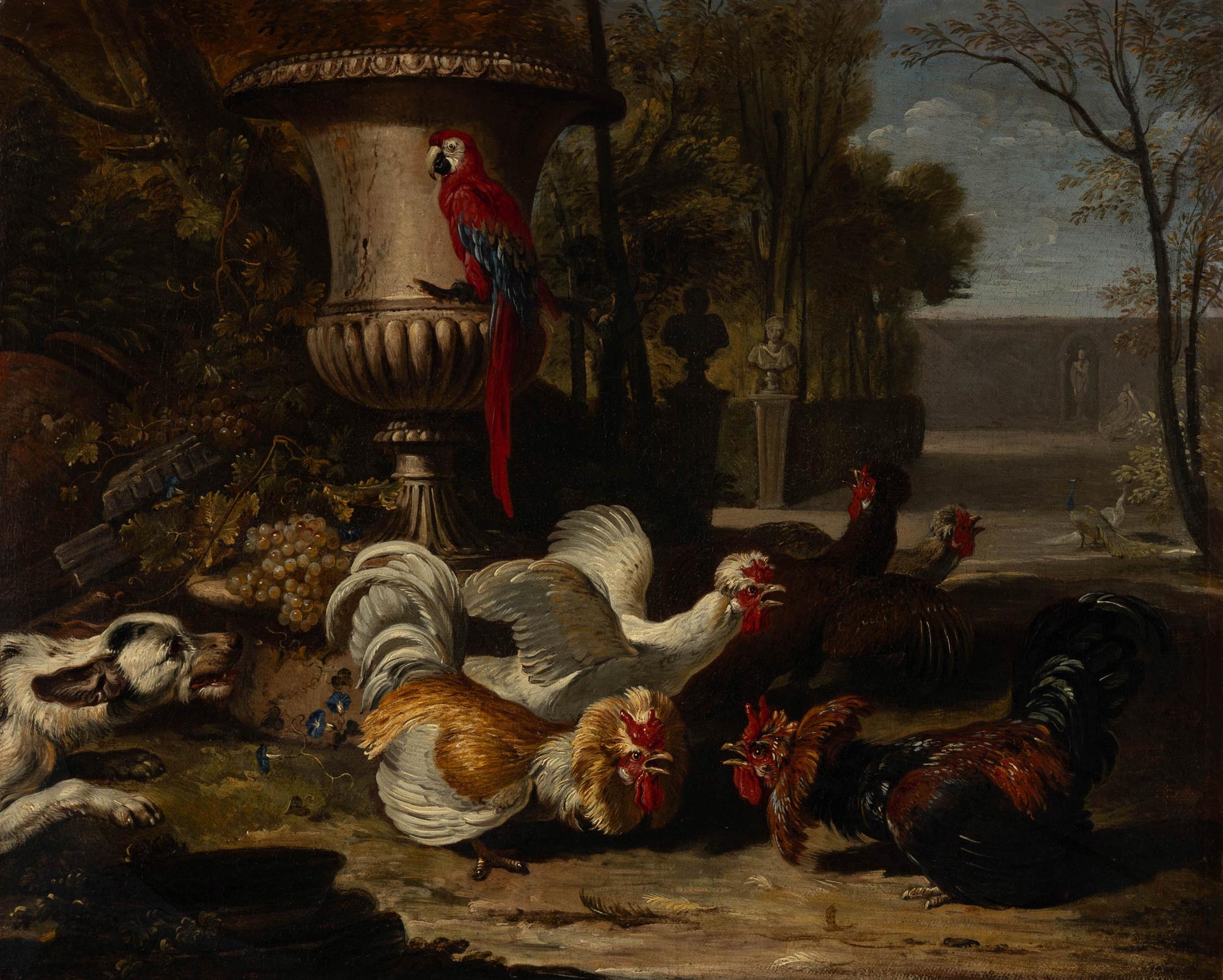 Attributed to David de Coninck (Flemish, 1644-1701) — Fighting Fowl in a Baroque Garden with a Macaw and a Hound