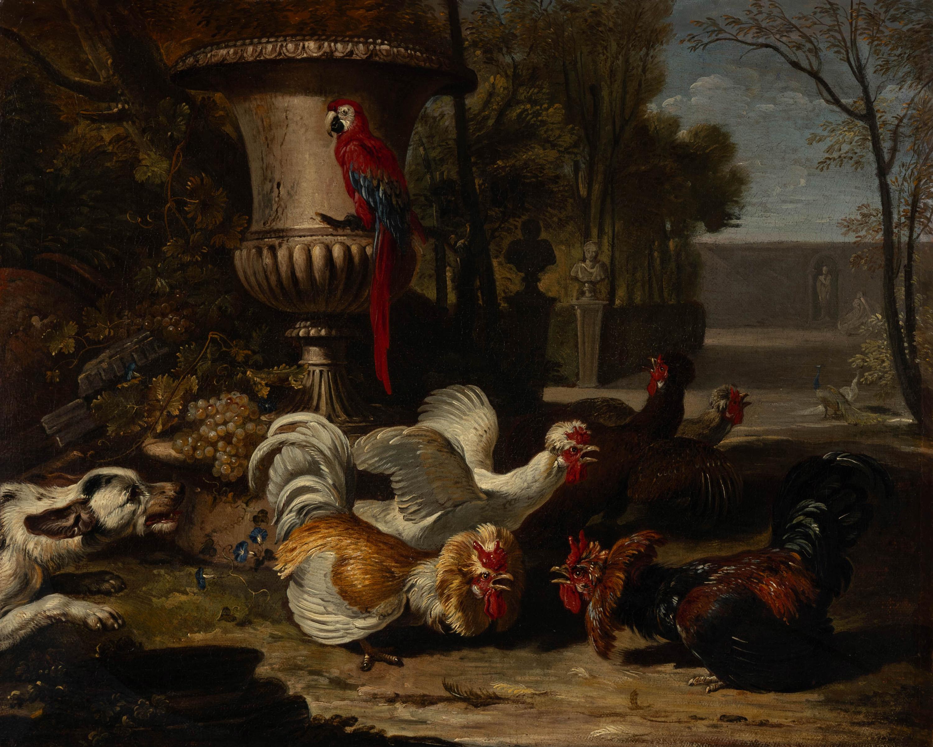 Attributed to David de Coninck (Flemish, 1644-1701) — Fighting Fowl in a Baroque Garden with a Macaw and a Hound