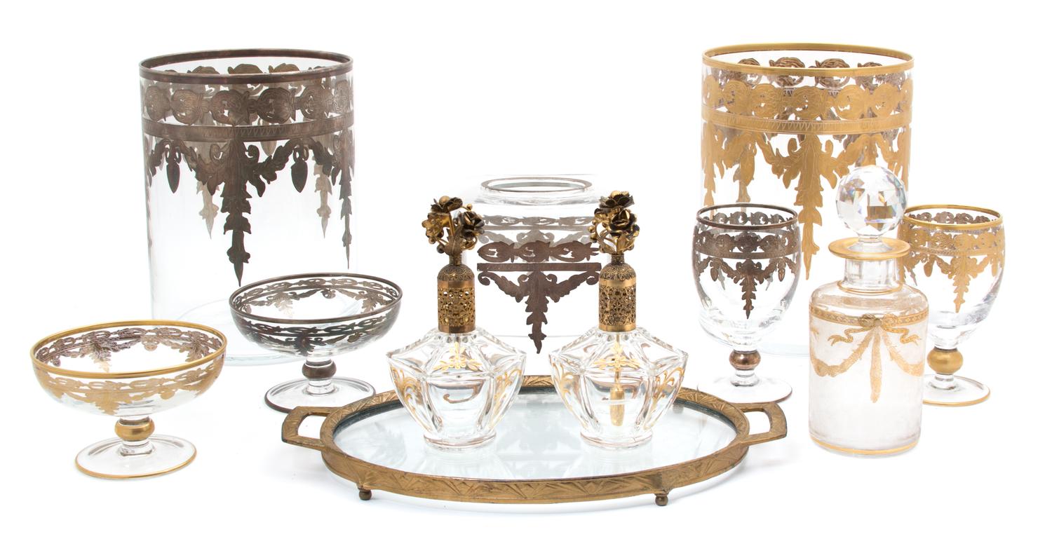 A Miscellaneous Group of Glass Vanity Items Height of waste can 9 1/4 inches. — 20TH CENTURY