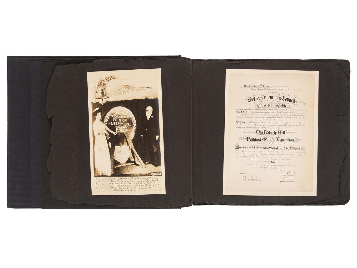 Americana Album containing approx. 350 photographs documenting the journey of the Liberty Bell from Philadelphia to San Francisco for the Panama-Pacific Exposition. 1915.
