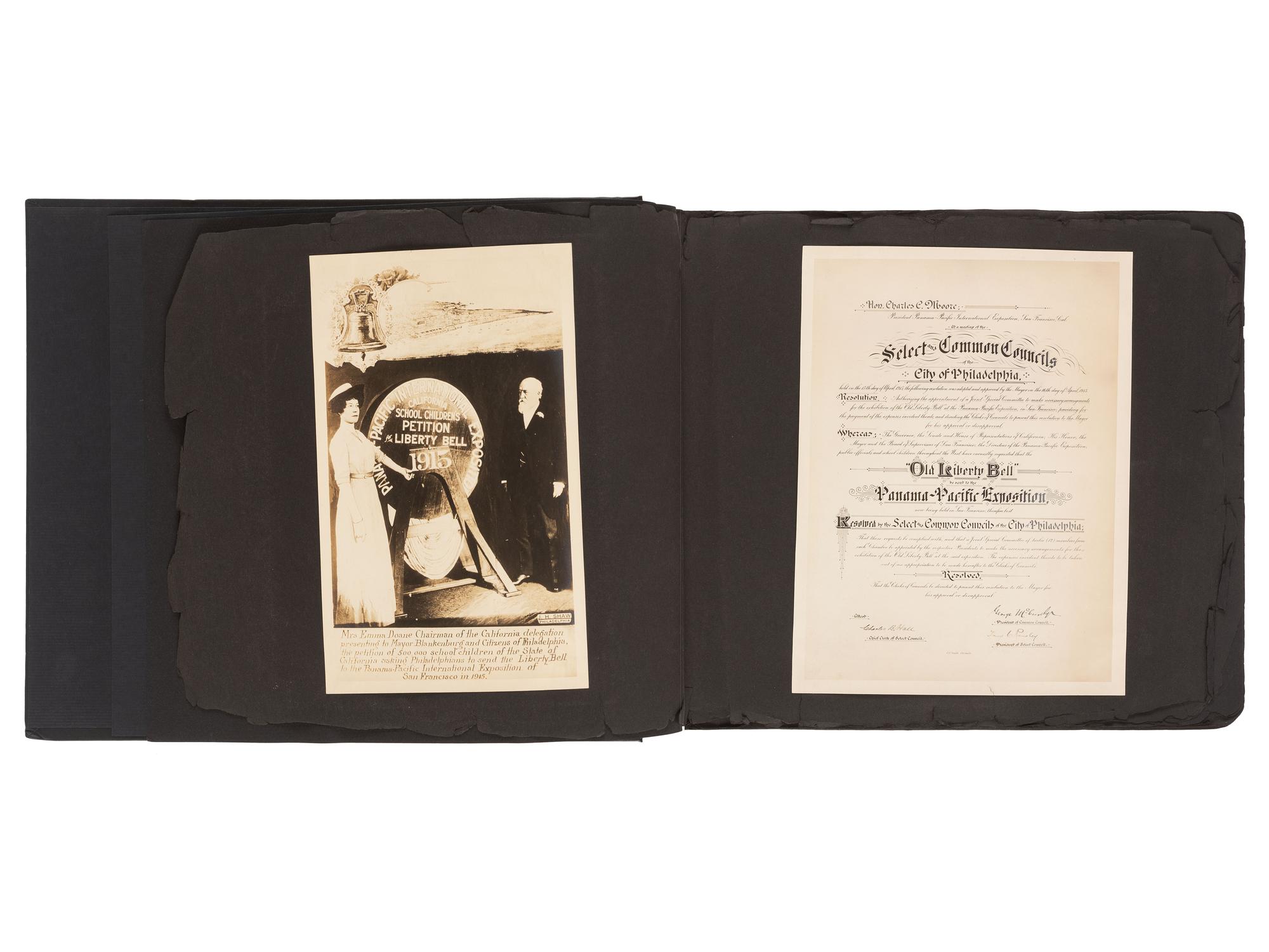 Americana Album containing approx. 350 photographs documenting the journey of the Liberty Bell from Philadelphia to San Francisco for the Panama-Pacific Exposition. 1915.