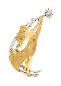 An 18 Karat Bicolor Gold and Diamond Maiden and Crescent Moon Motif Pendant/Brooch, 21.80 dwts.