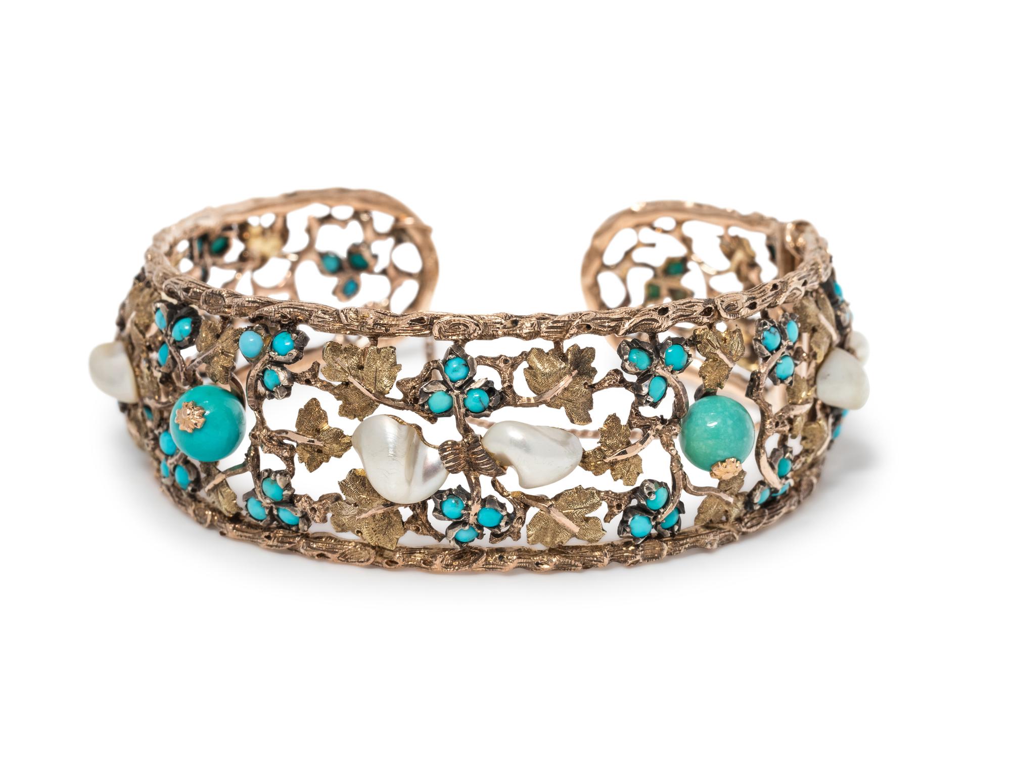 MARIO BUCCELLATI, TURQUOISE AND CULTURED BAROQUE PEARL CUFF BRACELET