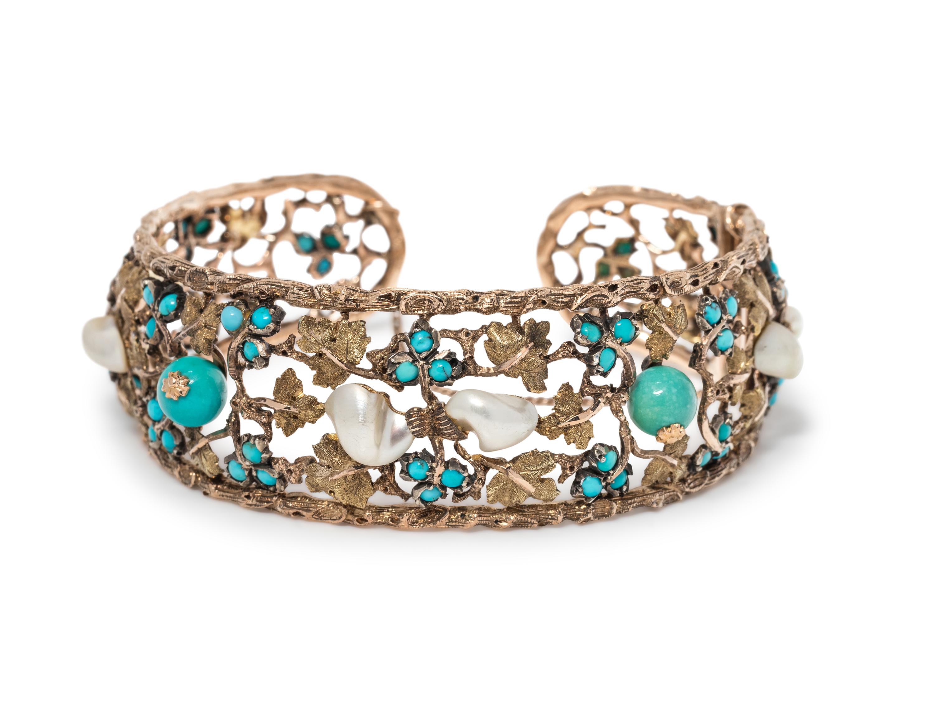 MARIO BUCCELLATI, TURQUOISE AND CULTURED BAROQUE PEARL CUFF BRACELET
