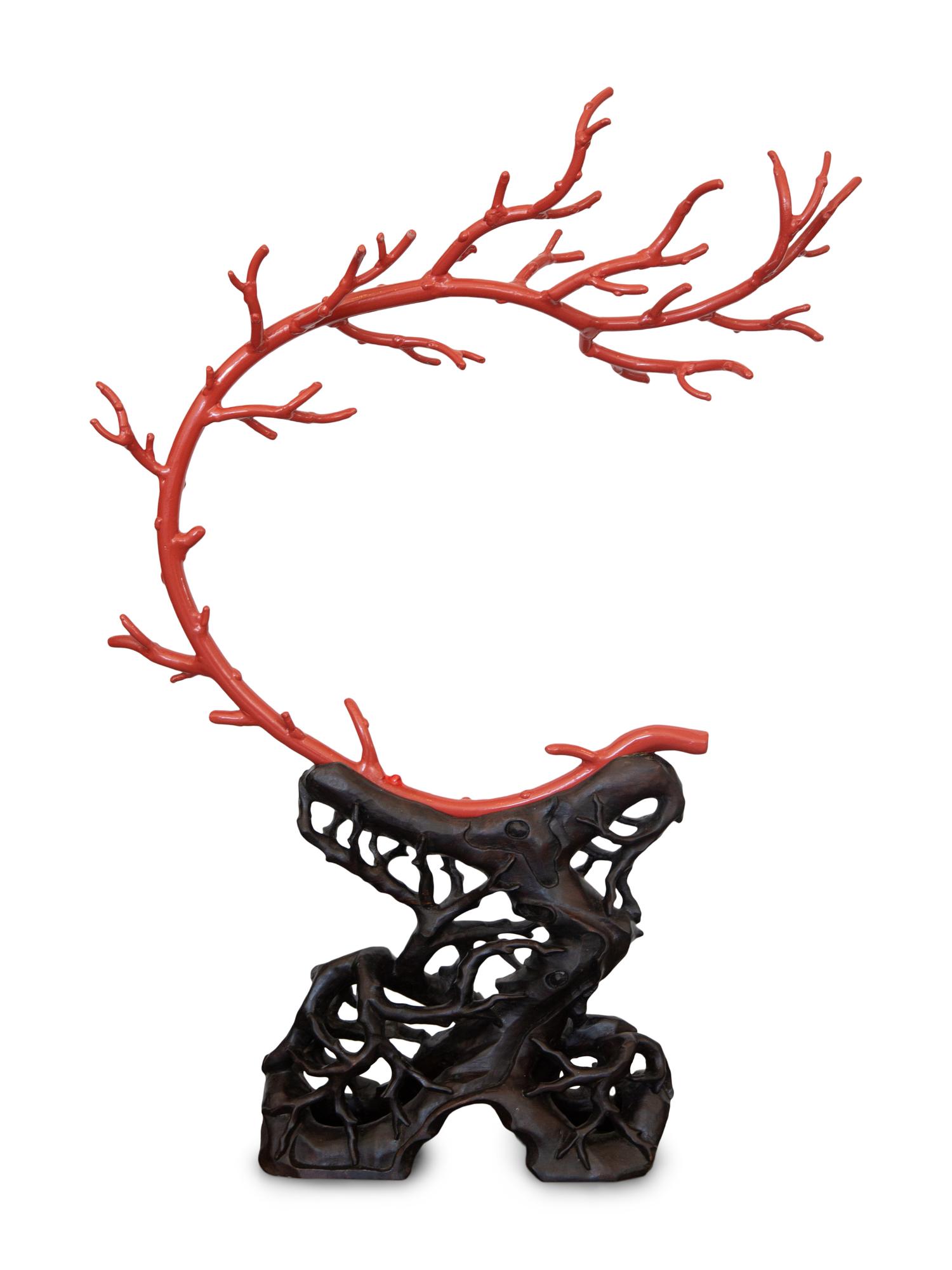 A Large Painted Metal Model of Coral on a Pierce Carved Hardwood Stand
