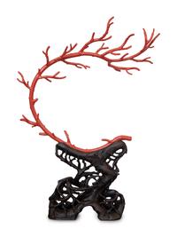 A Large Painted Metal Model of Coral on a Pierce Carved Hardwood Stand