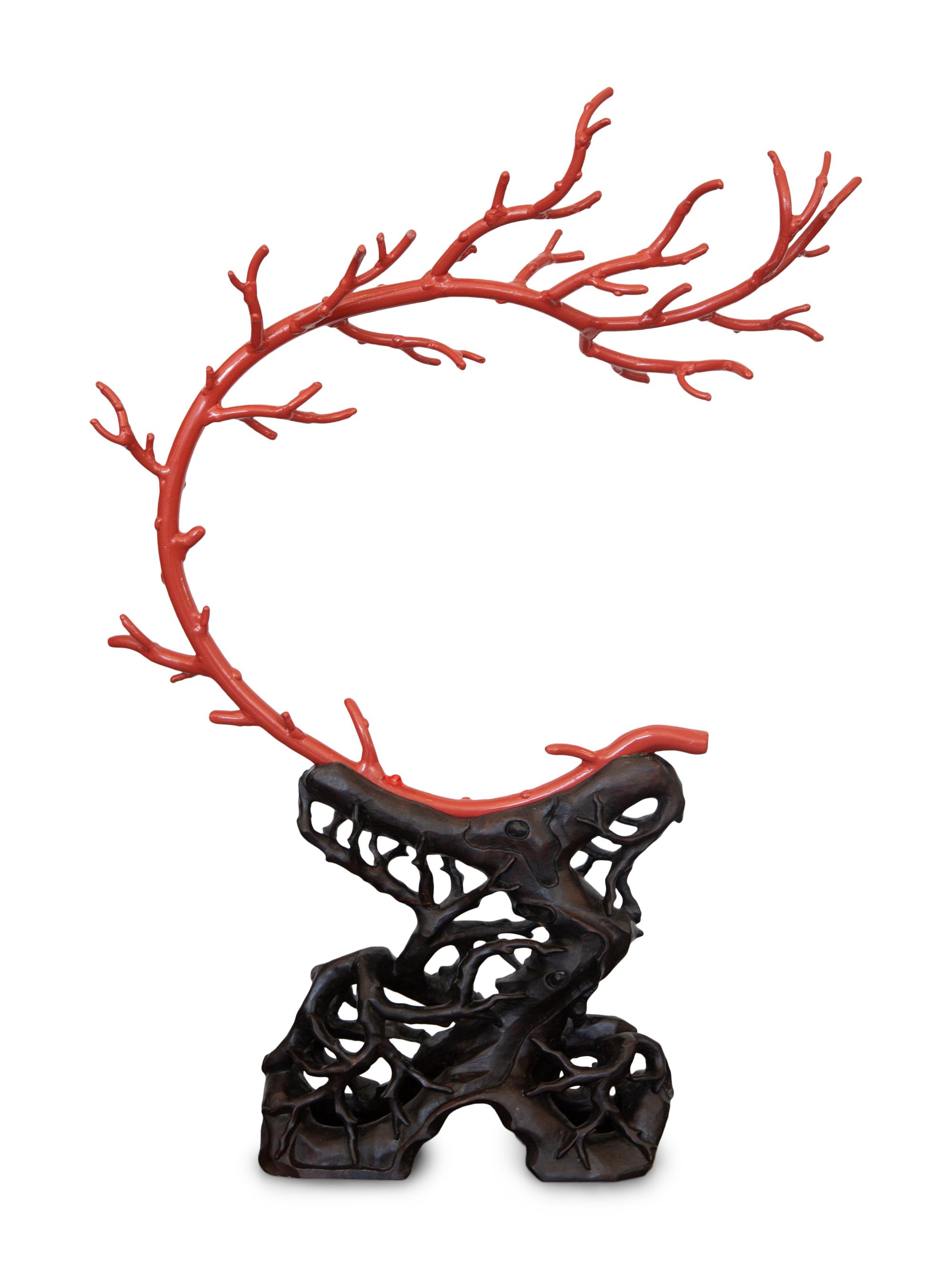 A Large Painted Metal Model of Coral on a Pierce Carved Hardwood Stand