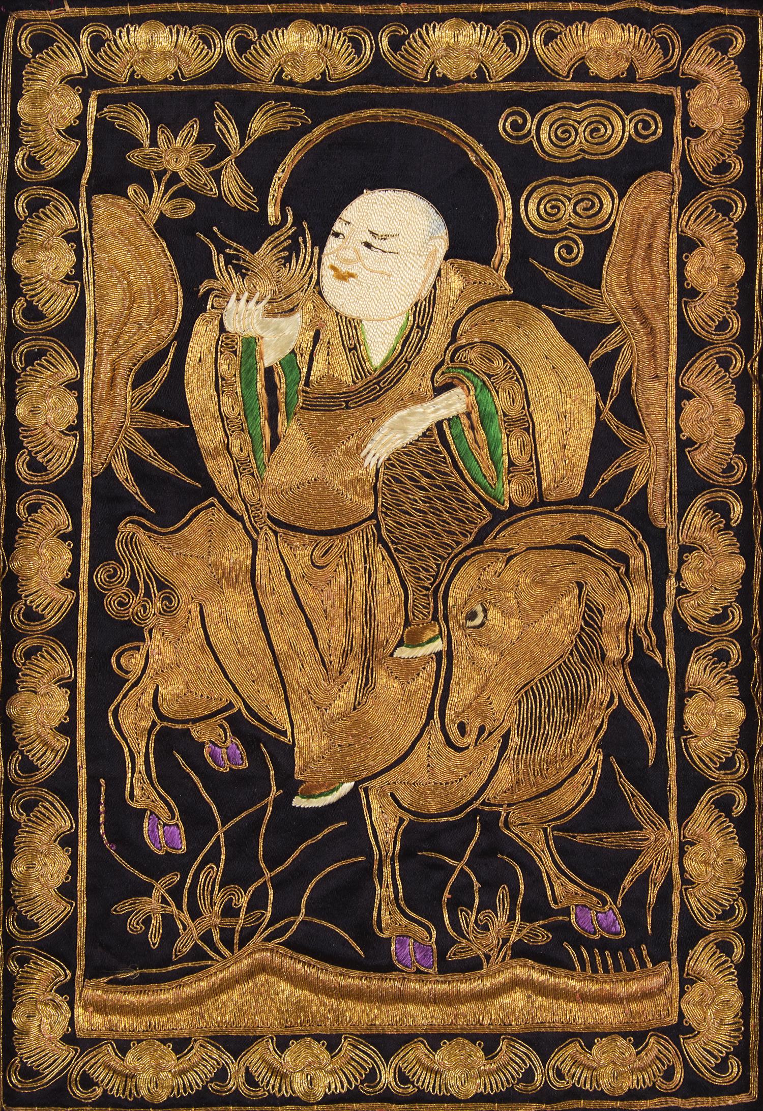 A Set of Four Chinese "Luohan" Needlework Panels, Guangxu Period 清光緒 金絲繡羅漢圖一組四件