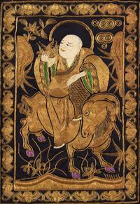 A Set of Four Chinese "Luohan" Needlework Panels, Guangxu Period 清光緒 金絲繡羅漢圖一組四件