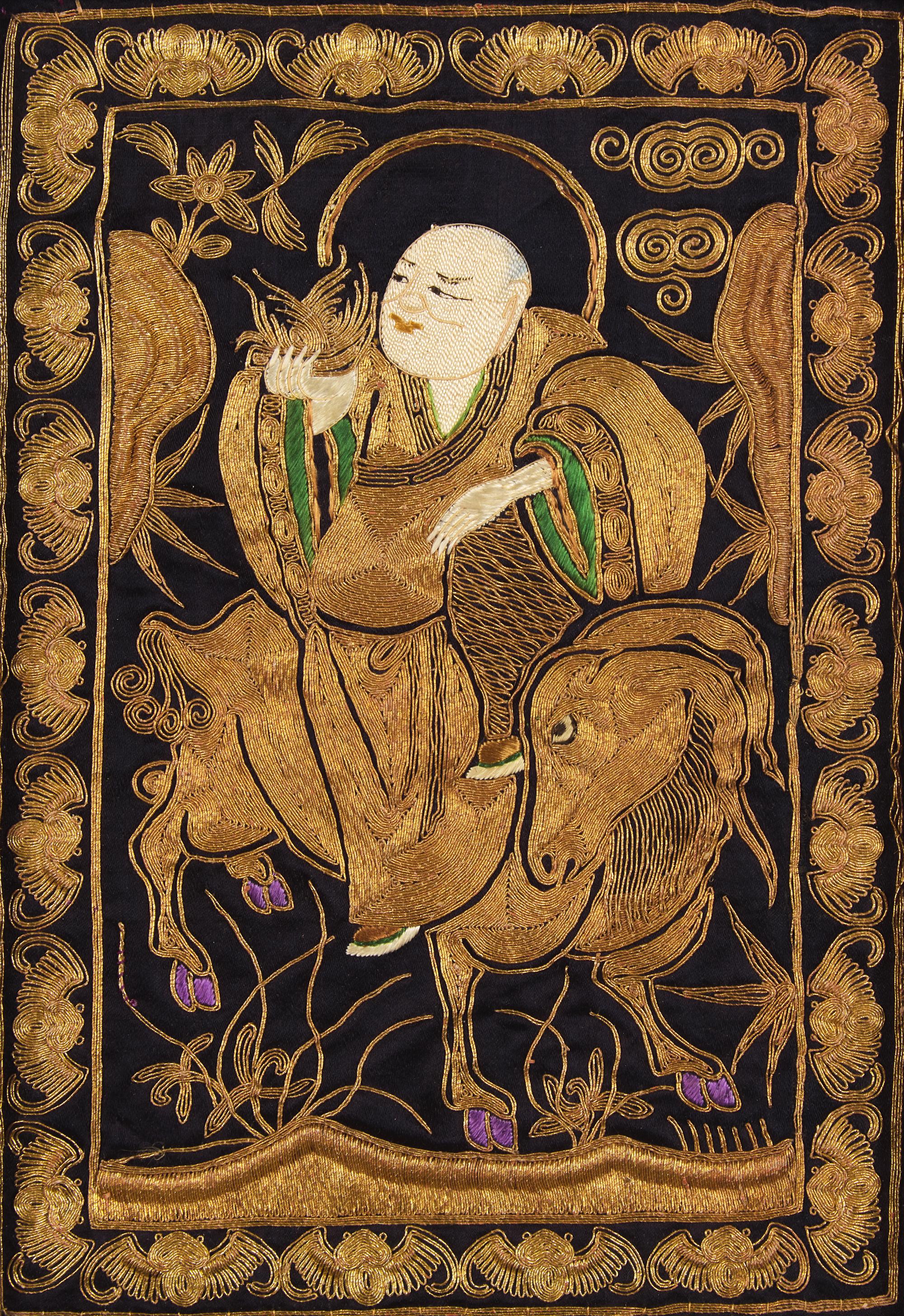 A Set of Four Chinese "Luohan" Needlework Panels, Guangxu Period 清光緒 金絲繡羅漢圖一組四件
