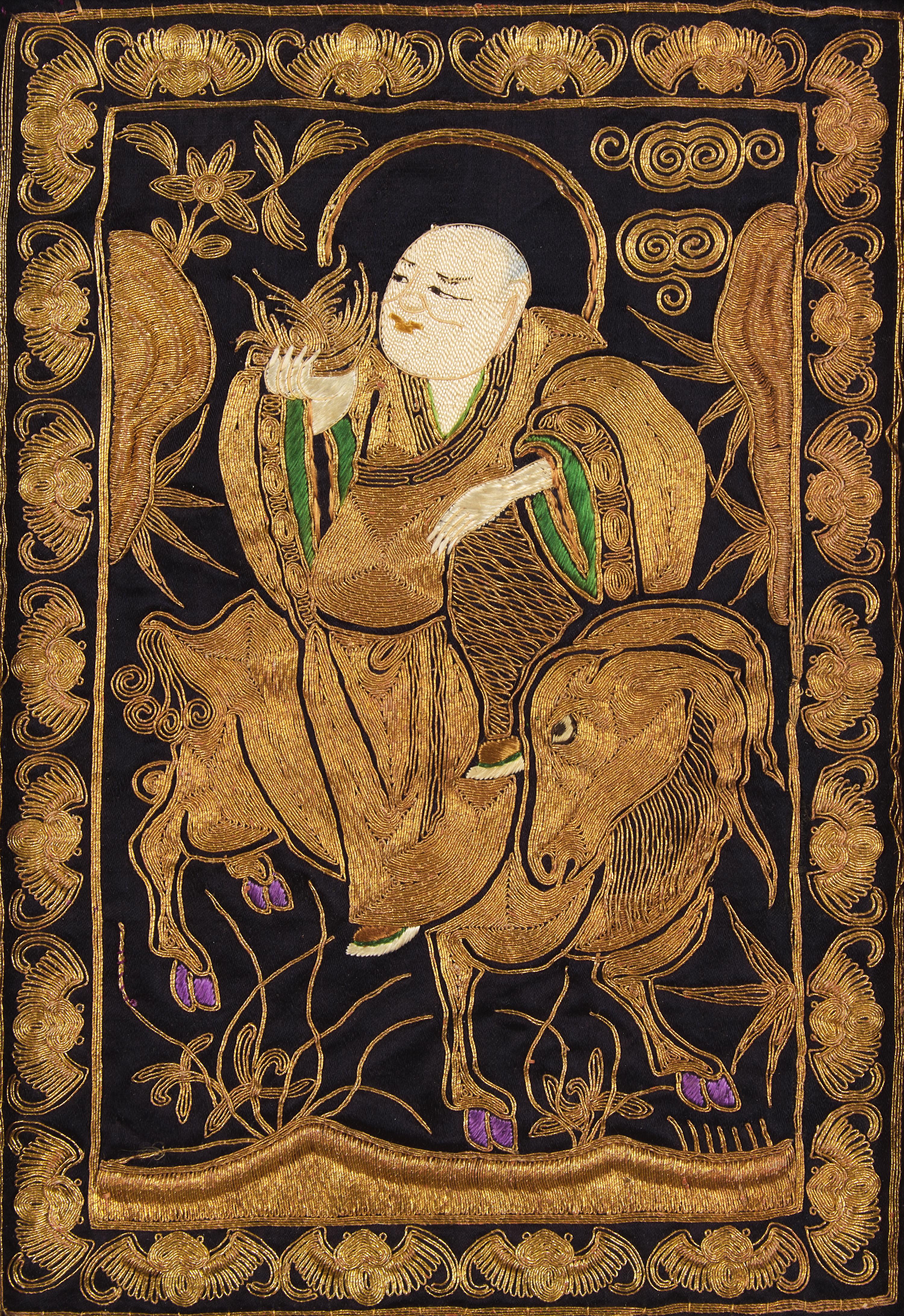 A Set of Four Chinese "Luohan" Needlework Panels, Guangxu Period 清光緒 金絲繡羅漢圖一組四件