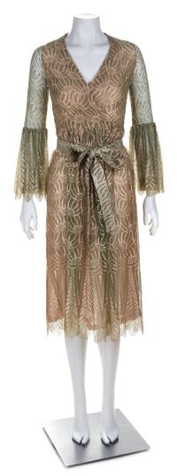 A Christian Dior Cream and Green Lace Dress, No size; Belt: 80" x 1.75".